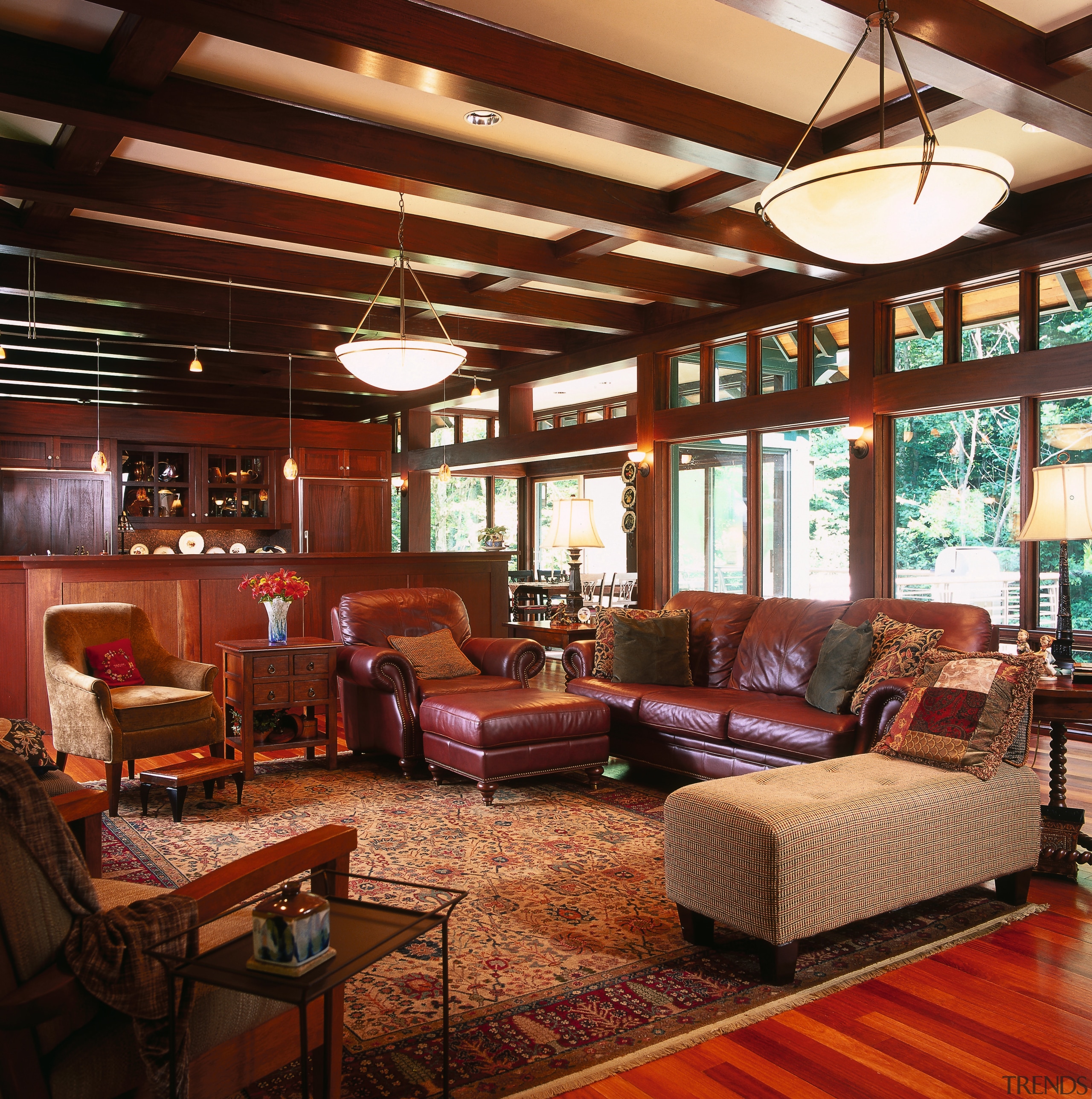 view of the lounge dining area featuring  ceiling, interior design, living room, lobby, room, wood, red