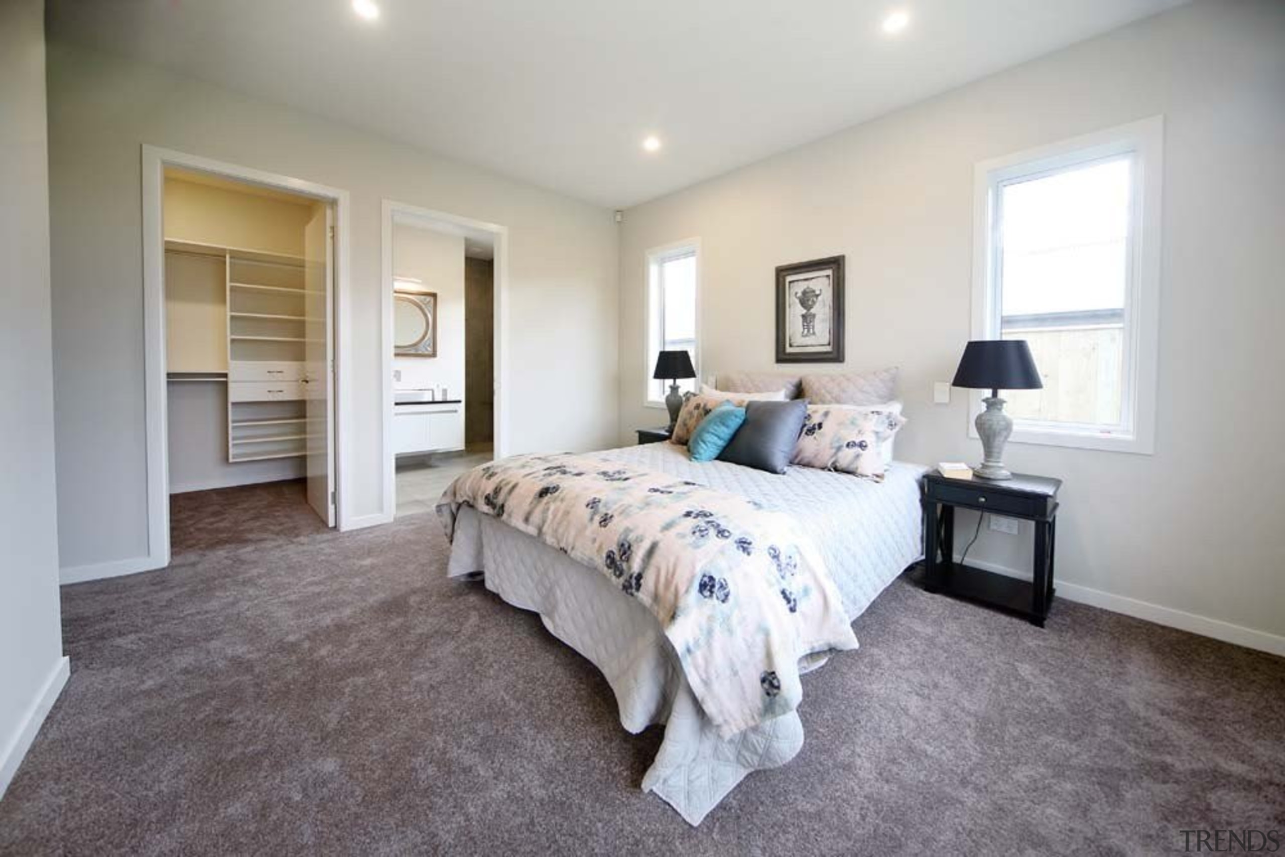 Master bedroom suite with walk in wardrobe and bed frame, bedroom, ceiling, estate, floor, flooring, home, house, interior design, property, real estate, room, wall, window, wood, gray