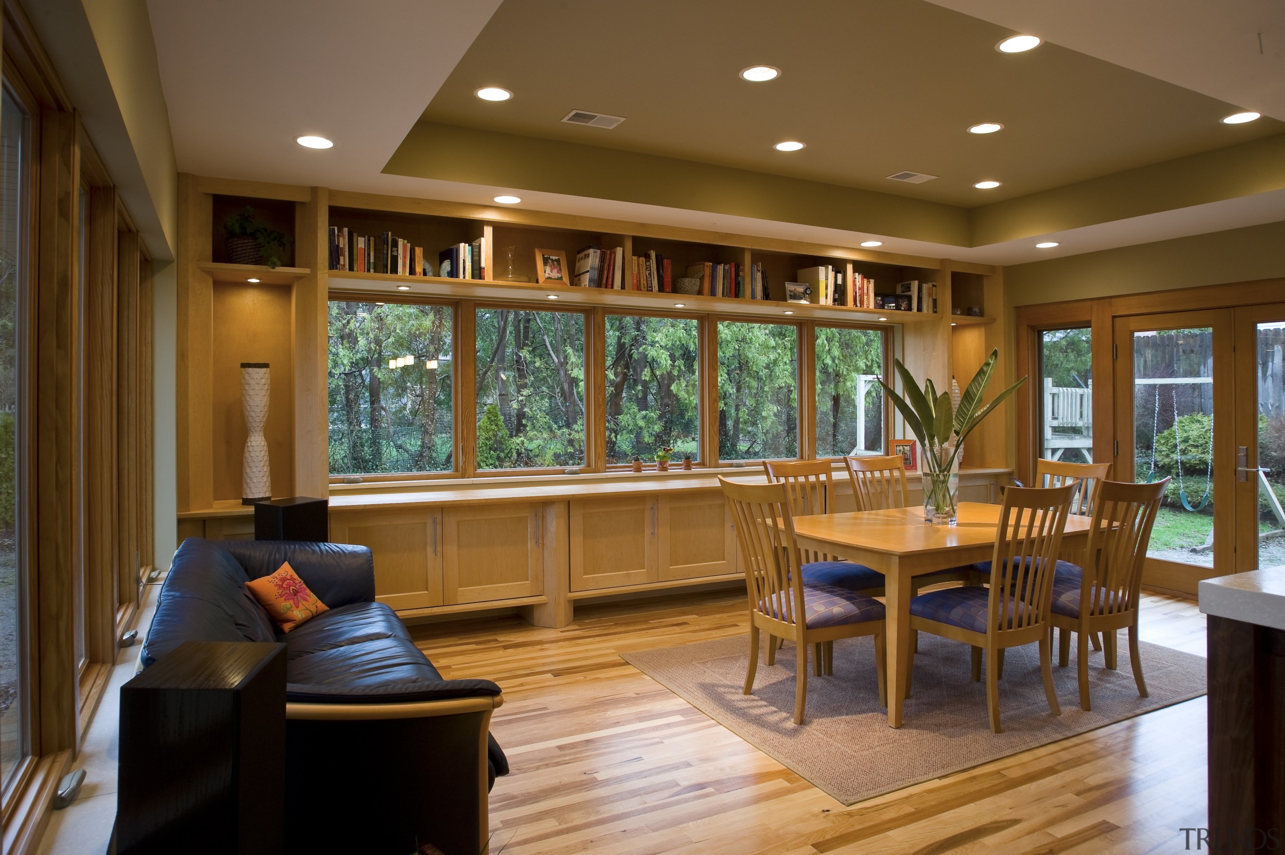 View of the dining area with coffered ceiling, ceiling, dining room, interior design, living room, real estate, room, window, wood, brown