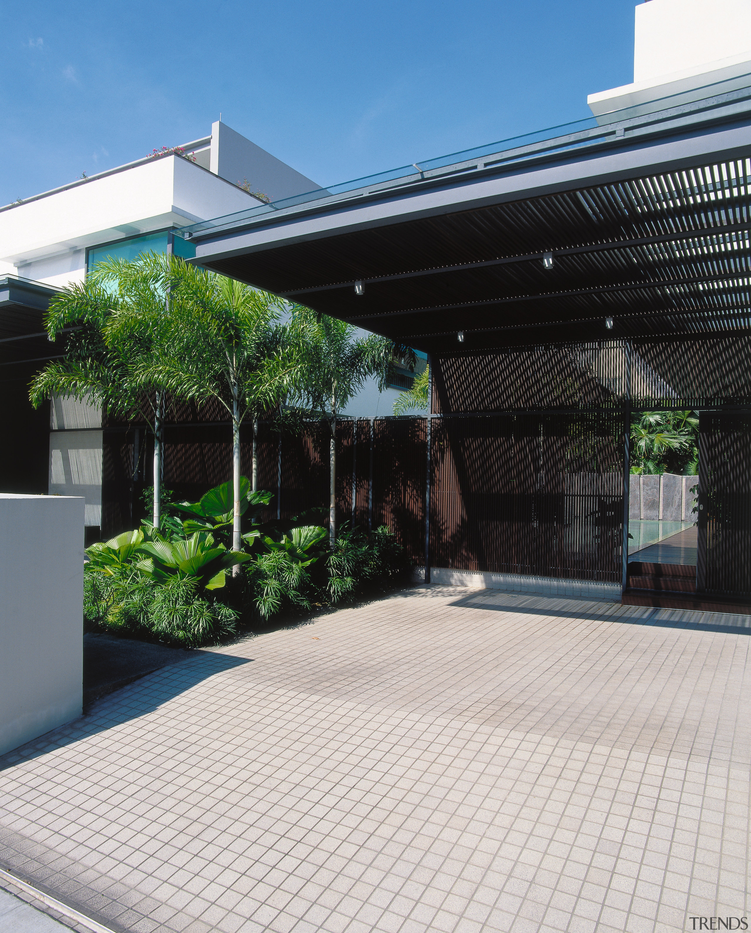 view of these tow inward facing bungalows designed architecture, house, outdoor structure, property, real estate, residential area, roof, shade, white, black