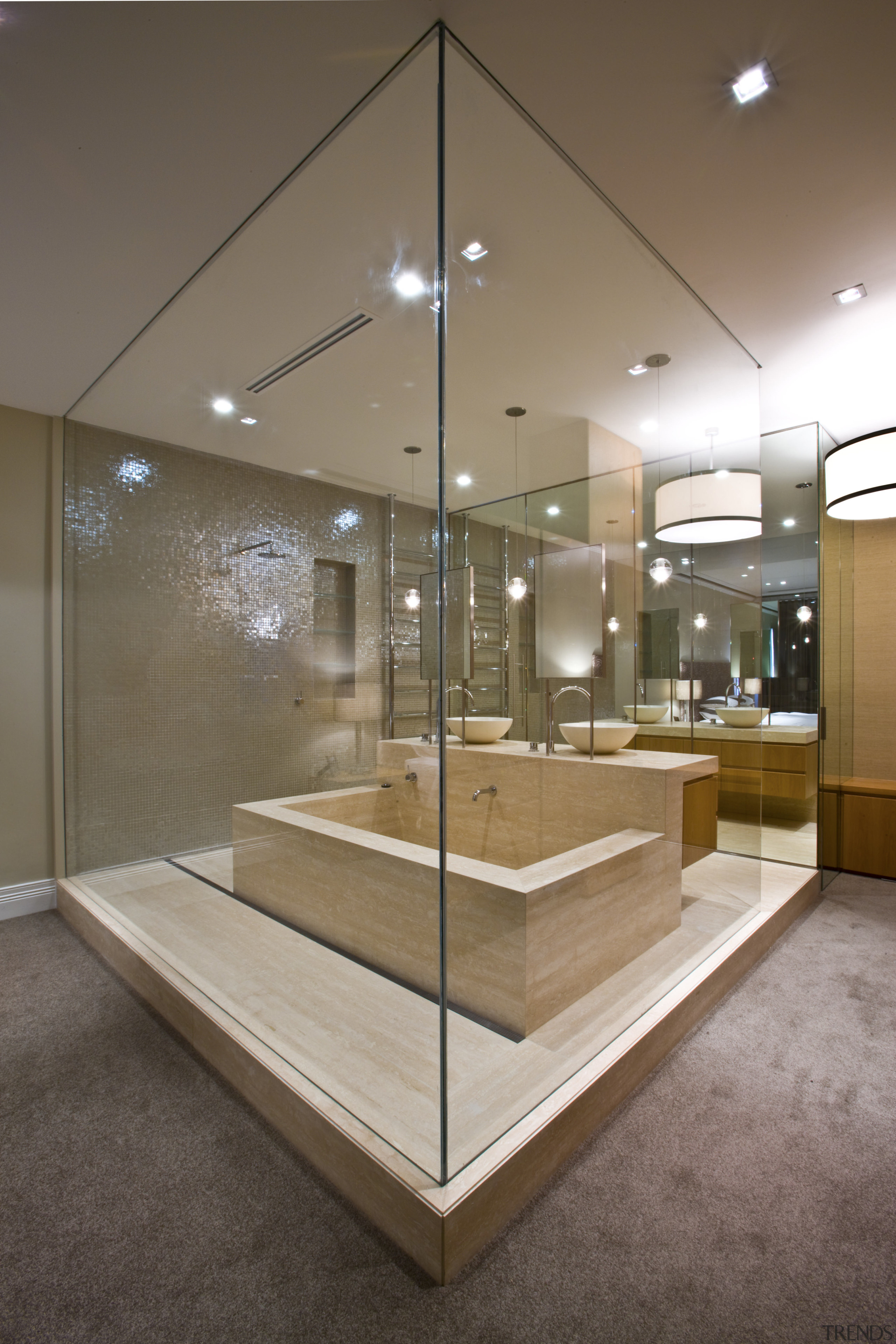 View of contemporary bathroom with mirror wall, white architecture, ceiling, floor, glass, interior design, brown, gray