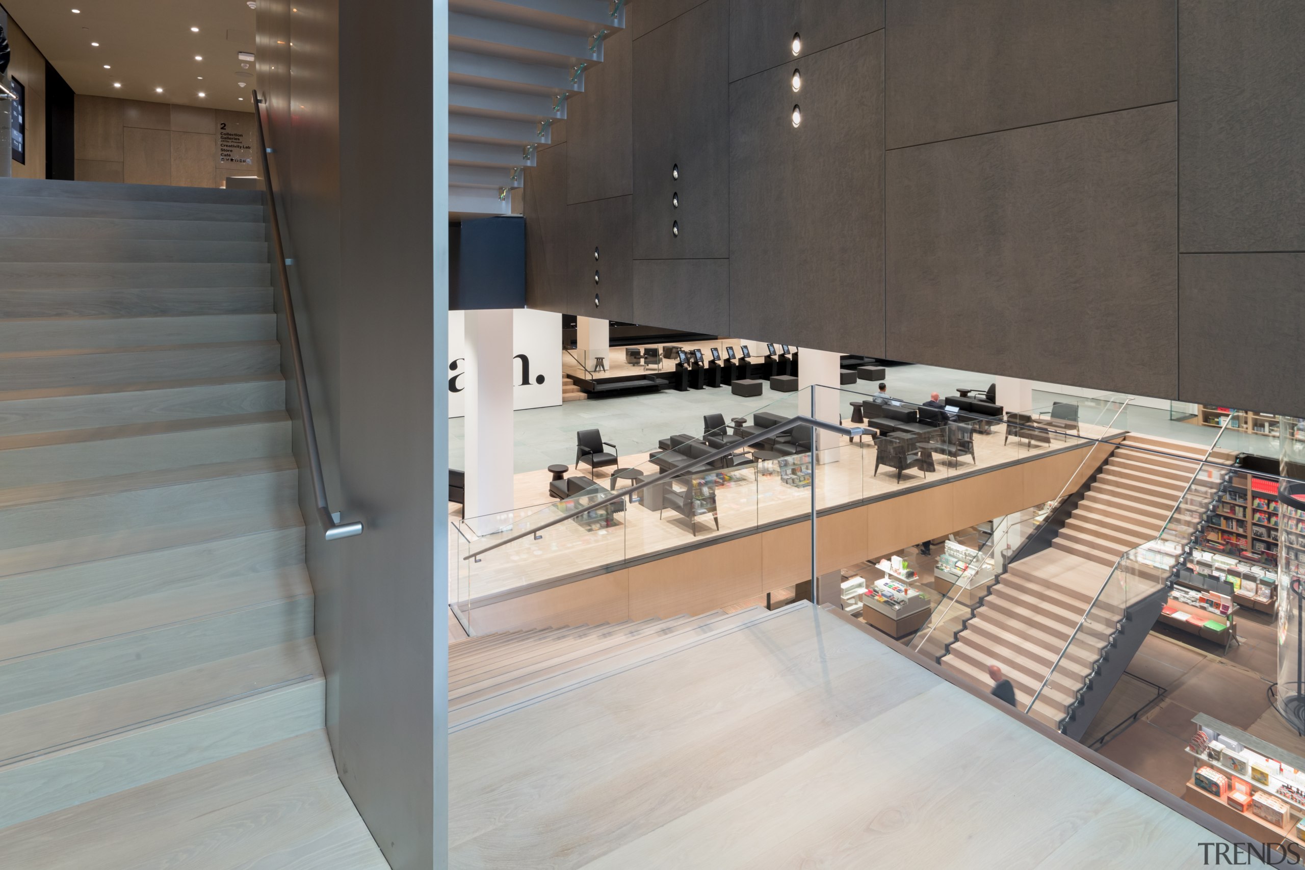 Interior view of The Museum of Modern Art, architecture, building, floor, flooring, hardwood, interior design, laminate flooring, property, room, stairs, tile, wood, gray