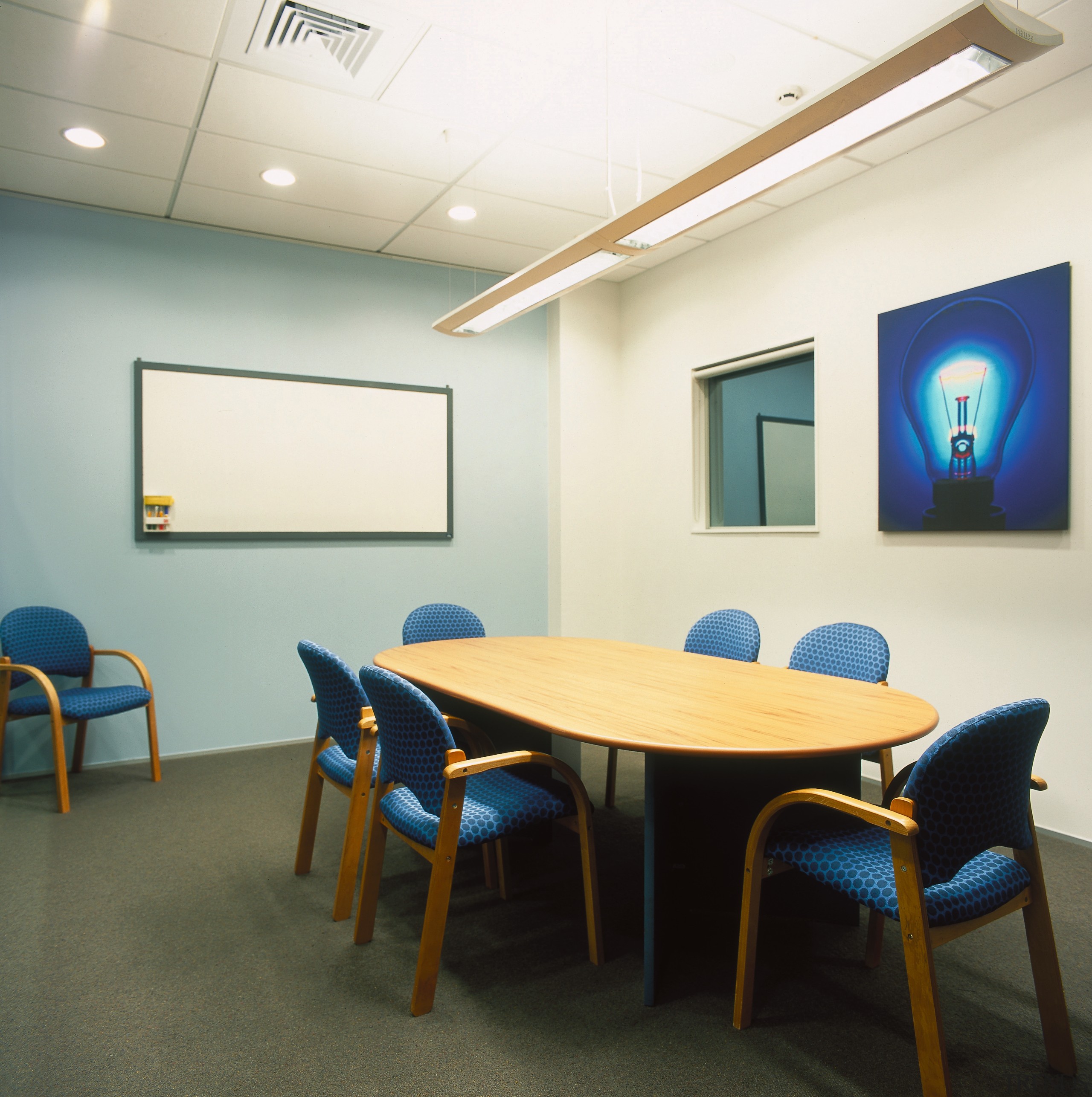 A view of the lighting design. - A ceiling, chair, classroom, conference hall, furniture, interior design, office, room, table, white