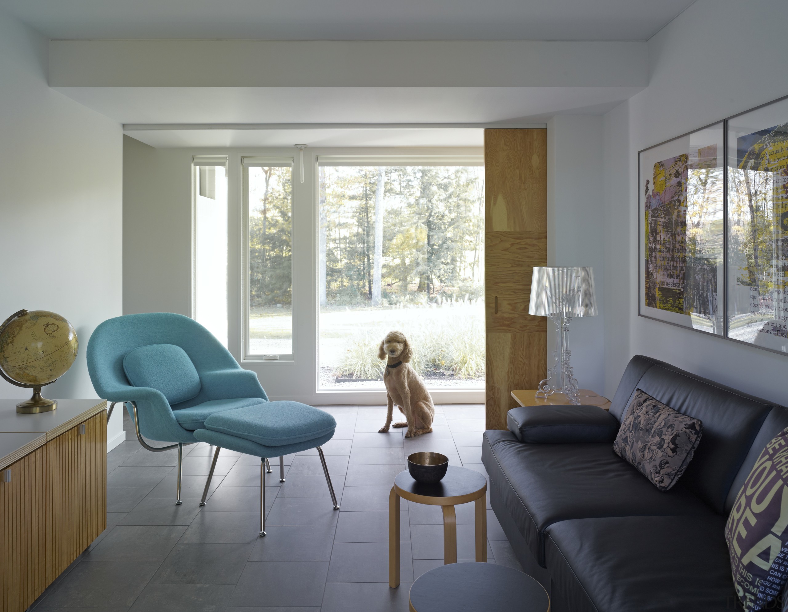 Mid-century Modern remodel by owner-architect Donald Billinkoff. architecture, chair, daylighting, furniture, home, house, interior design, living room, real estate, room, window, window covering, window treatment, gray