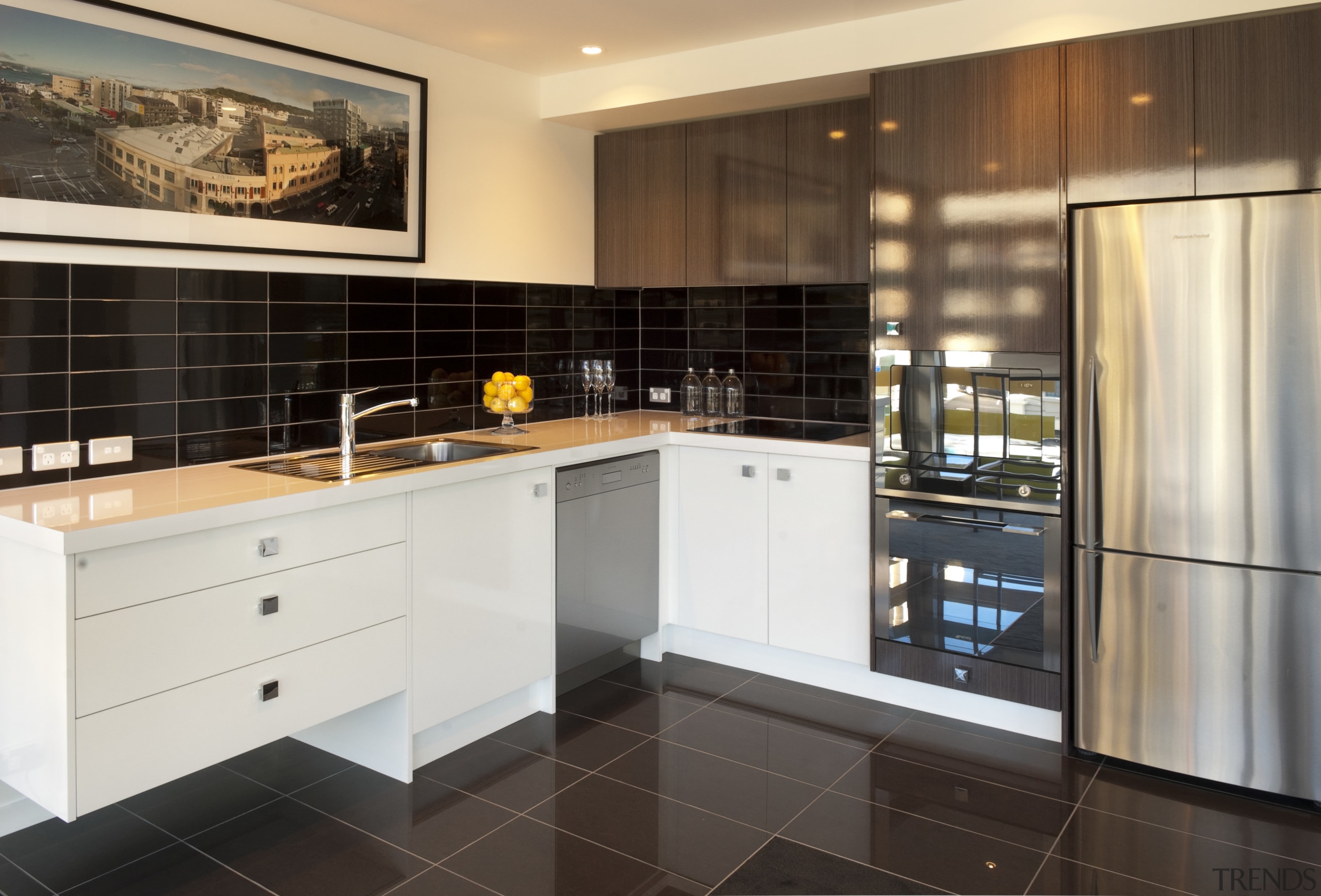 Kitchen with white cabinetry and stainless fridge, brown cabinetry, countertop, cuisine classique, flooring, interior design, kitchen, property, real estate, room, black, white