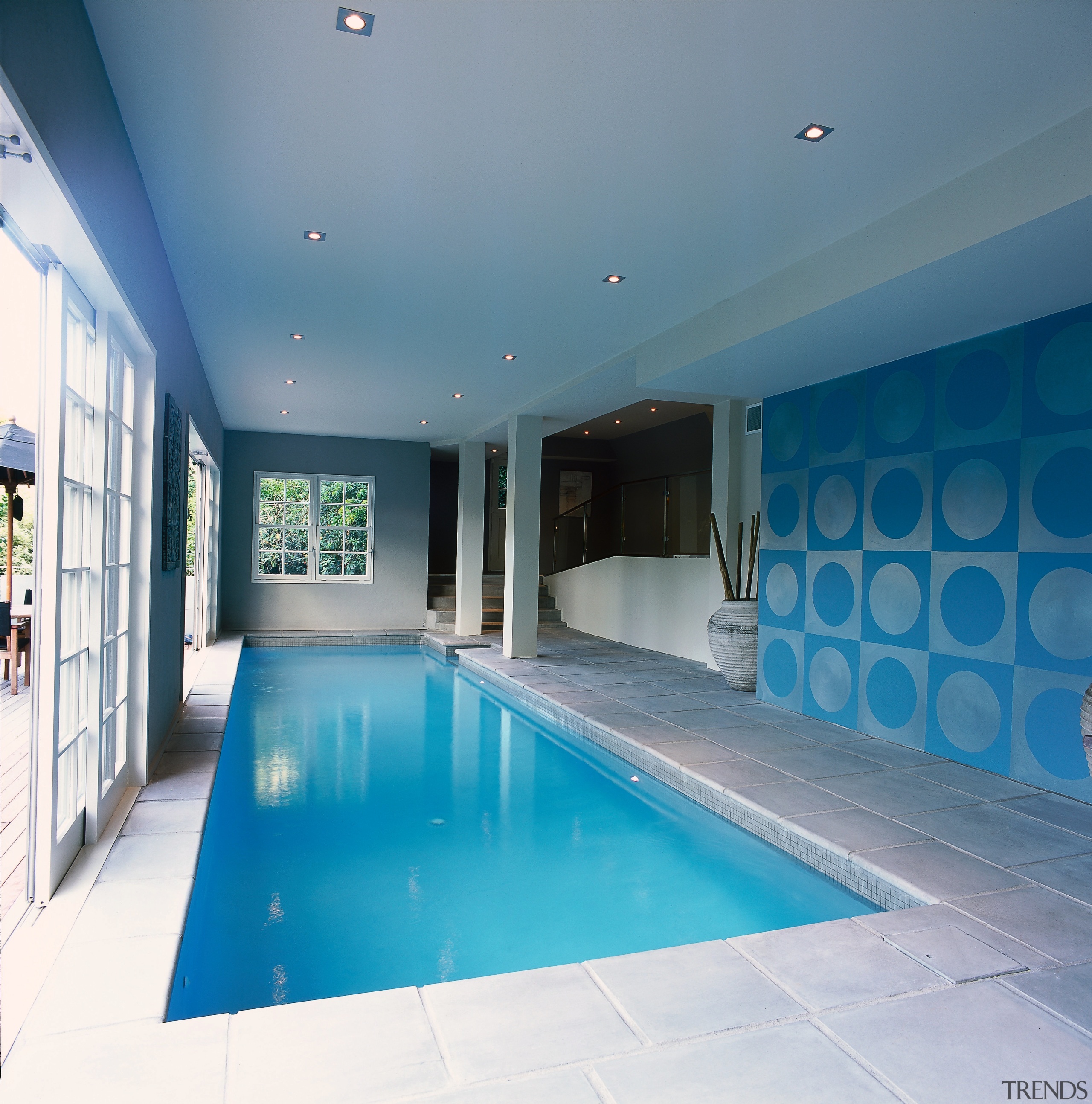 View of the pool area - View of architecture, ceiling, daylighting, estate, home, house, interior design, leisure, leisure centre, property, real estate, swimming pool, teal, gray