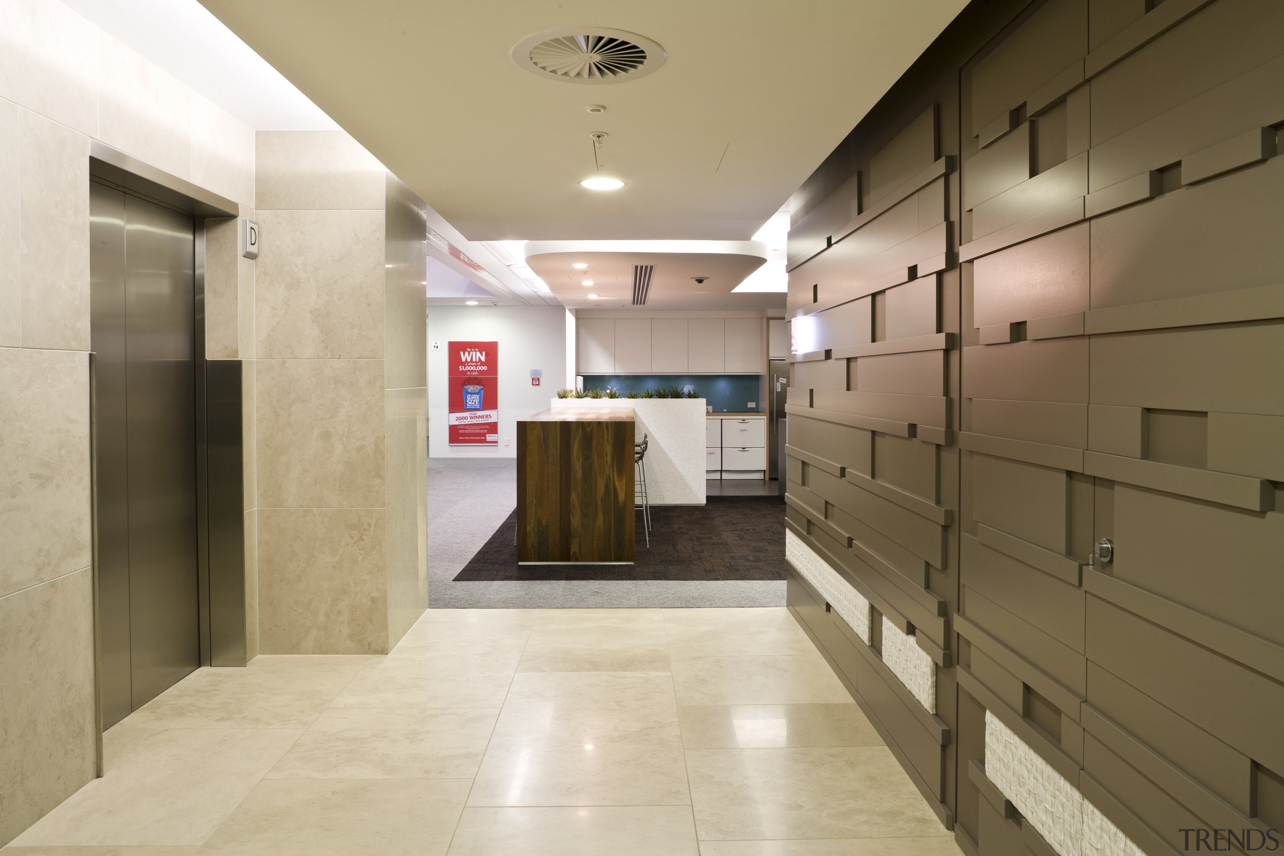 Interior view of the main foyer at the ceiling, floor, flooring, interior design, lobby, room, brown, white