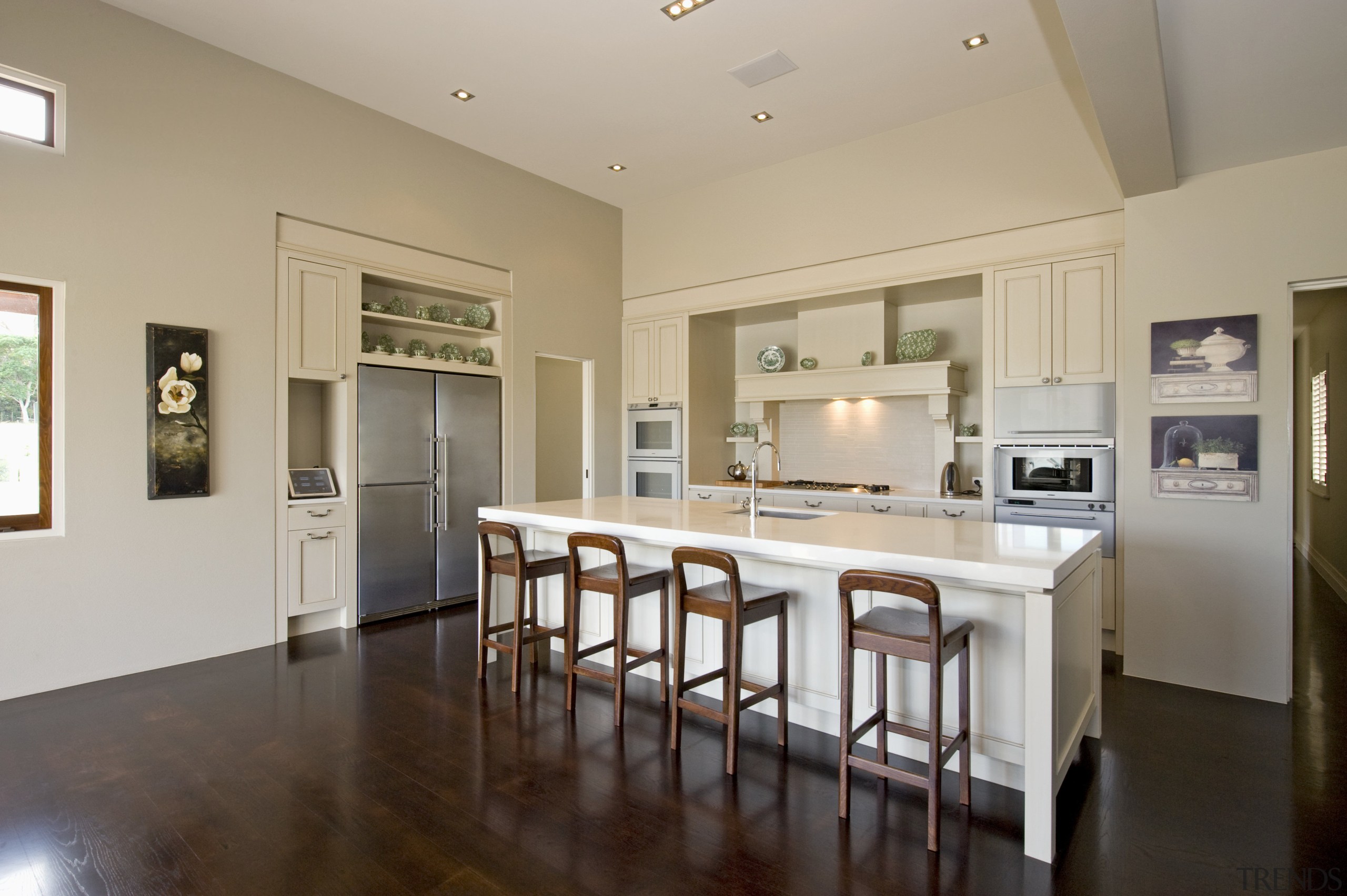 Image of the kitchen designed by Fyfe kitchens floor, flooring, hardwood, home, interior design, kitchen, property, real estate, room, wood flooring, gray, brown