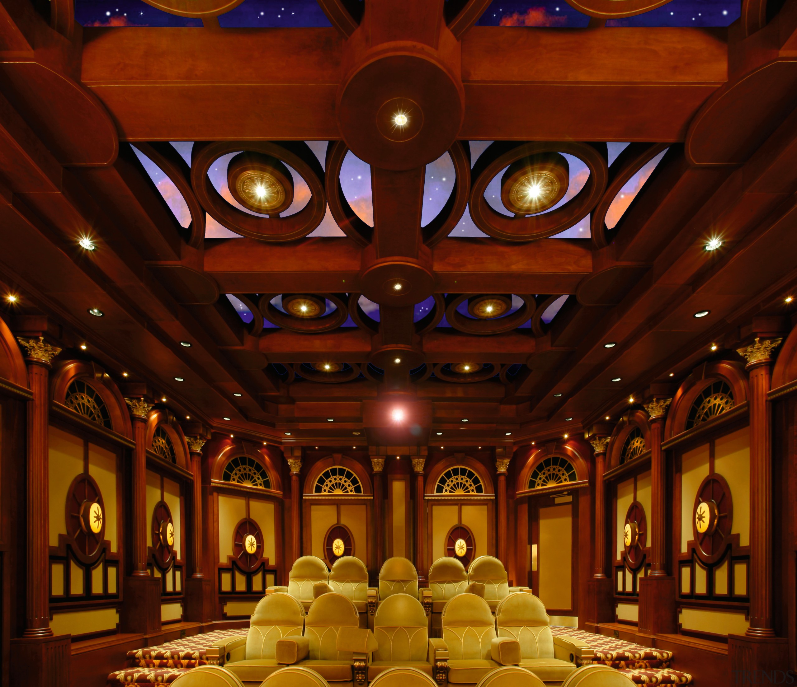 view of this custom home theatre built by ceiling, function hall, interior design, lighting, lobby, theatre, red