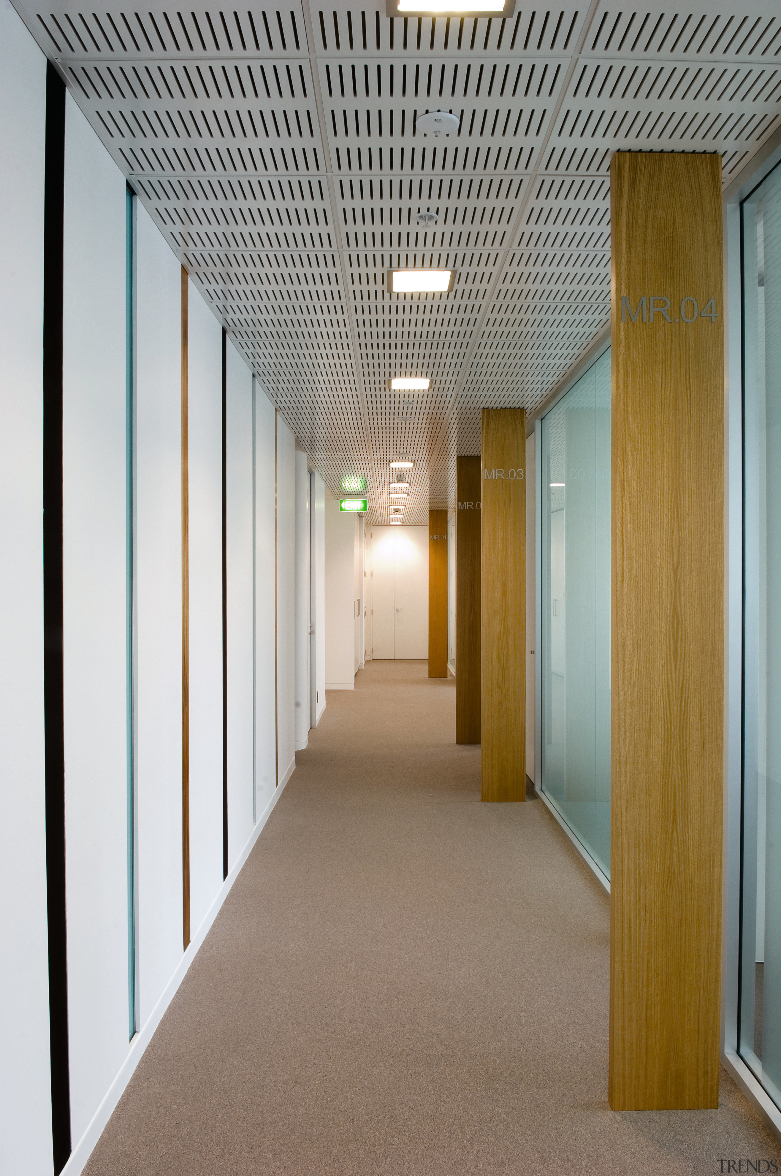 A view of polished timber partitioning screens,some moveable. architecture, ceiling, daylighting, floor, flooring, interior design, lobby, gray, brown