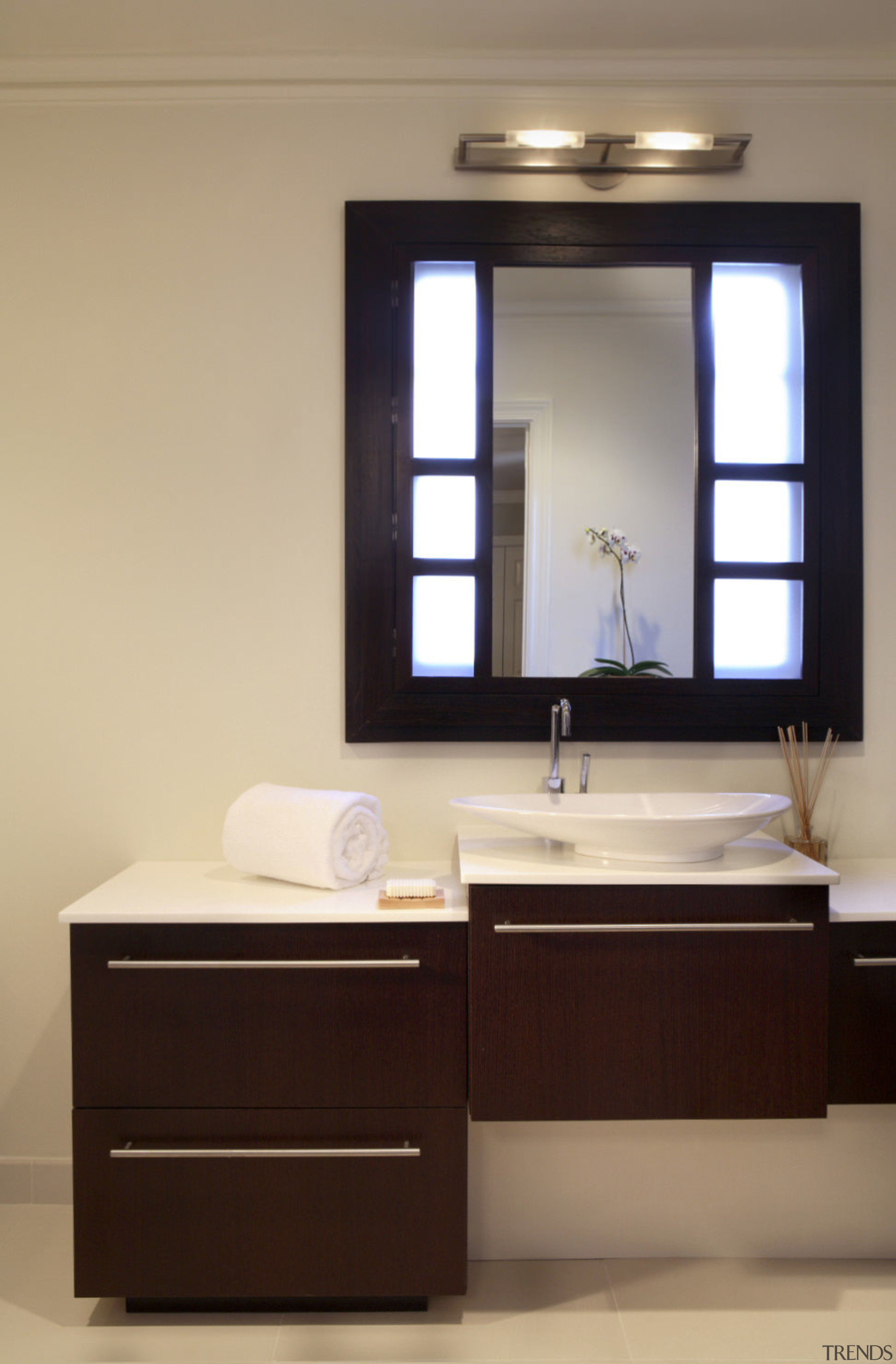 Image of a bathroom designed by an NKBA bathroom, bathroom accessory, bathroom cabinet, furniture, home, interior design, product design, room, sink, orange