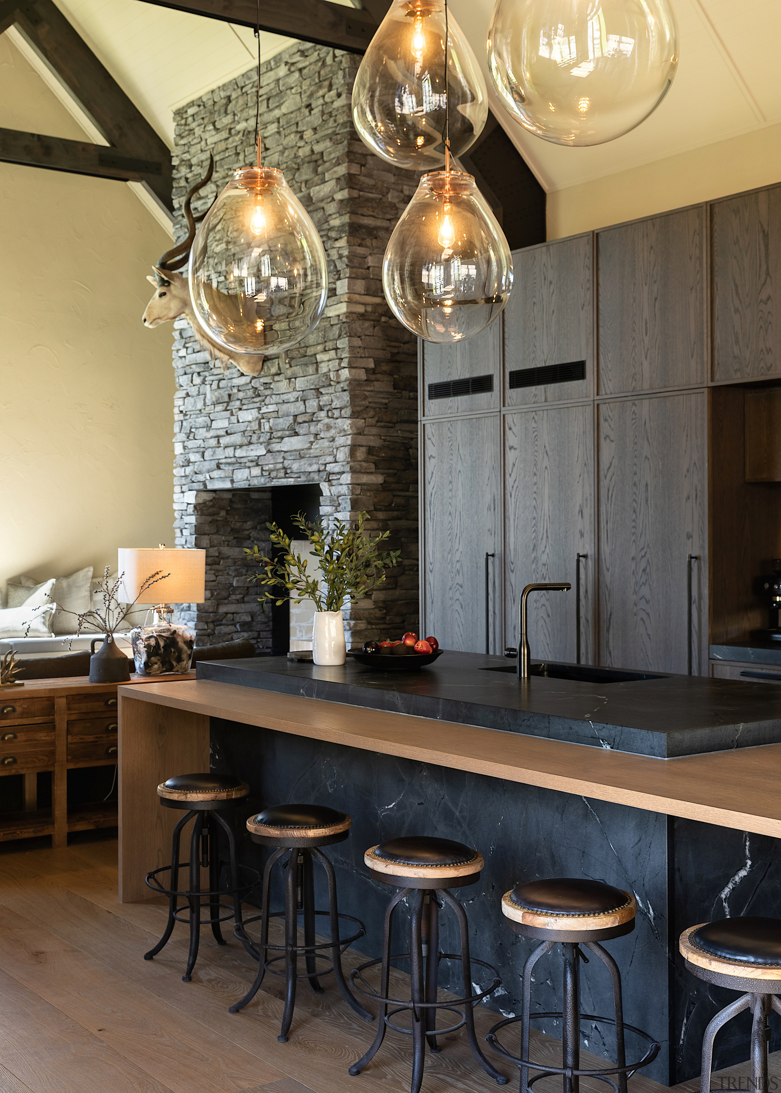 A leathered Negresco stone provides a tactile feel 