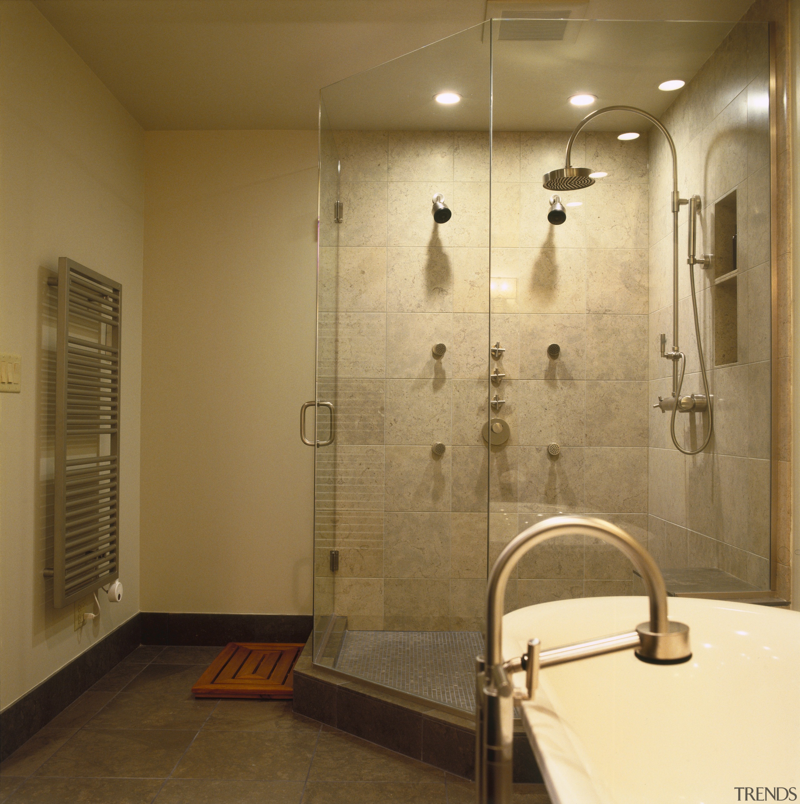 Redesigning the ensuite created space for a large bathroom, ceiling, floor, interior design, plumbing fixture, room, shower, tile, wall, brown, orange