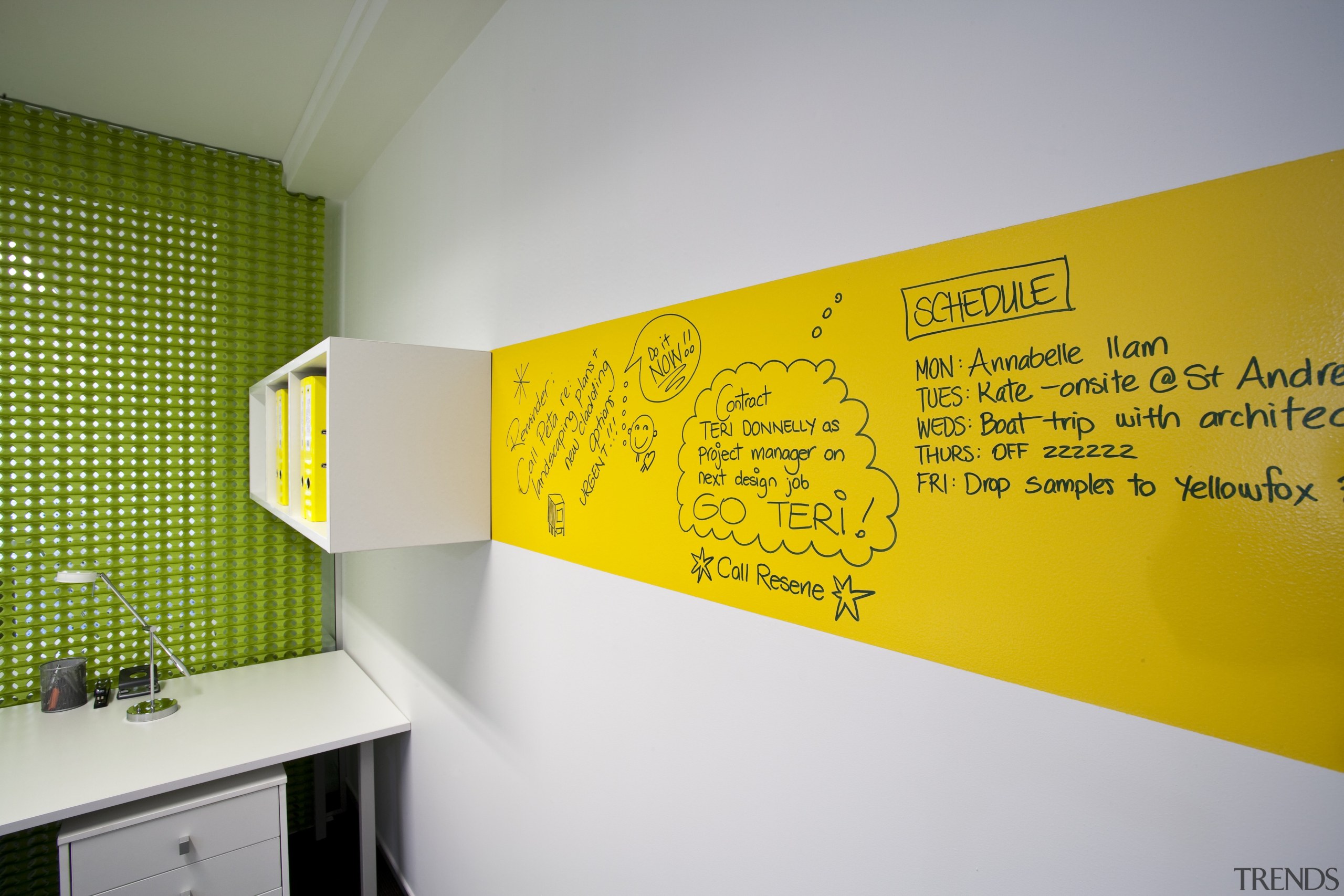 View of the write up board - View interior design, product design, wall, yellow, gray