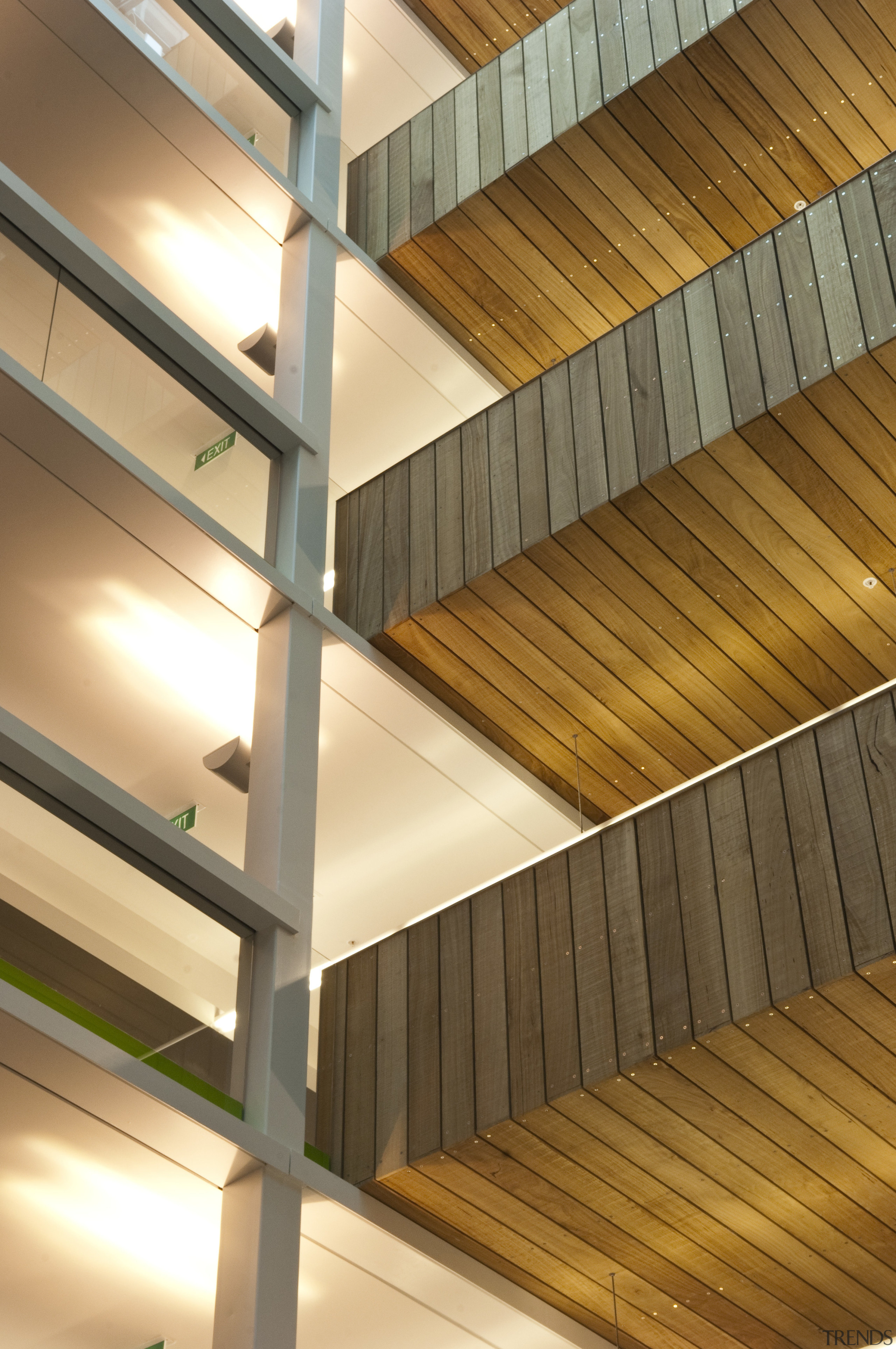 View of the interior of the Vogel Center angle, architecture, beam, ceiling, daylighting, interior design, light, line, plywood, stairs, wood, wood stain, brown, orange