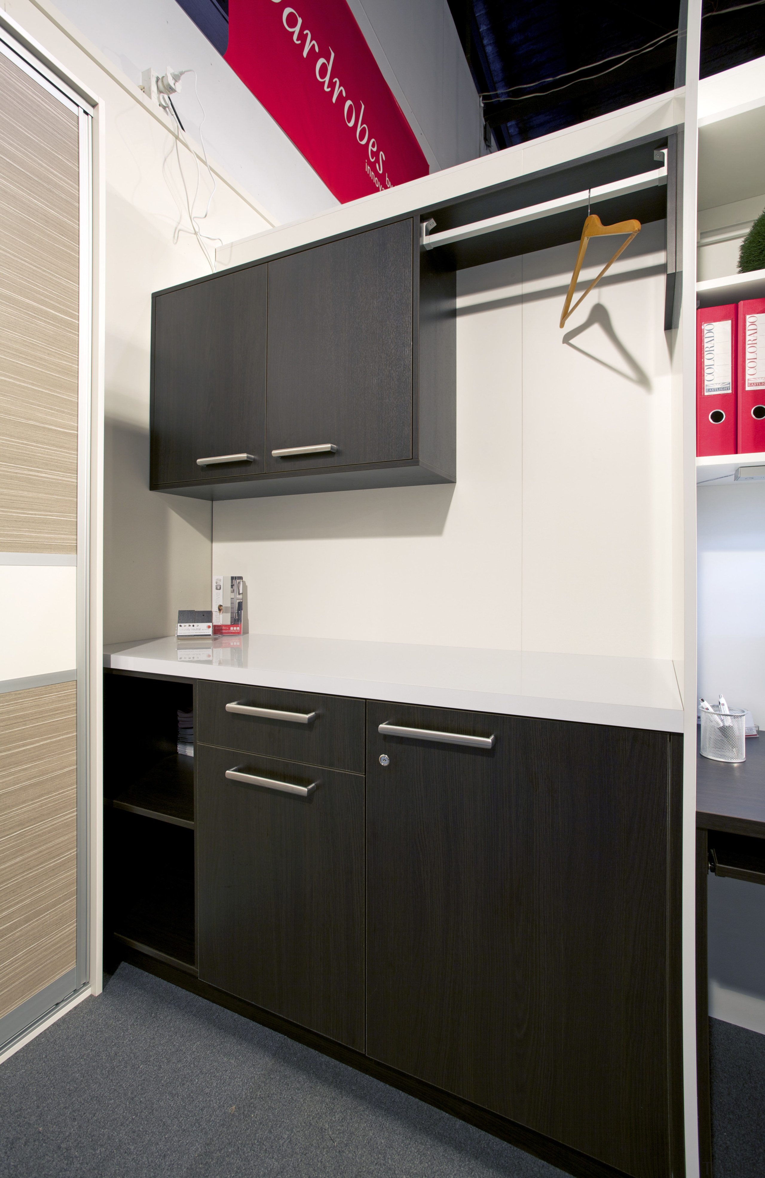 View of the bedroom cabinetry by Yellowfox - cabinetry, countertop, kitchen, product design, black, white