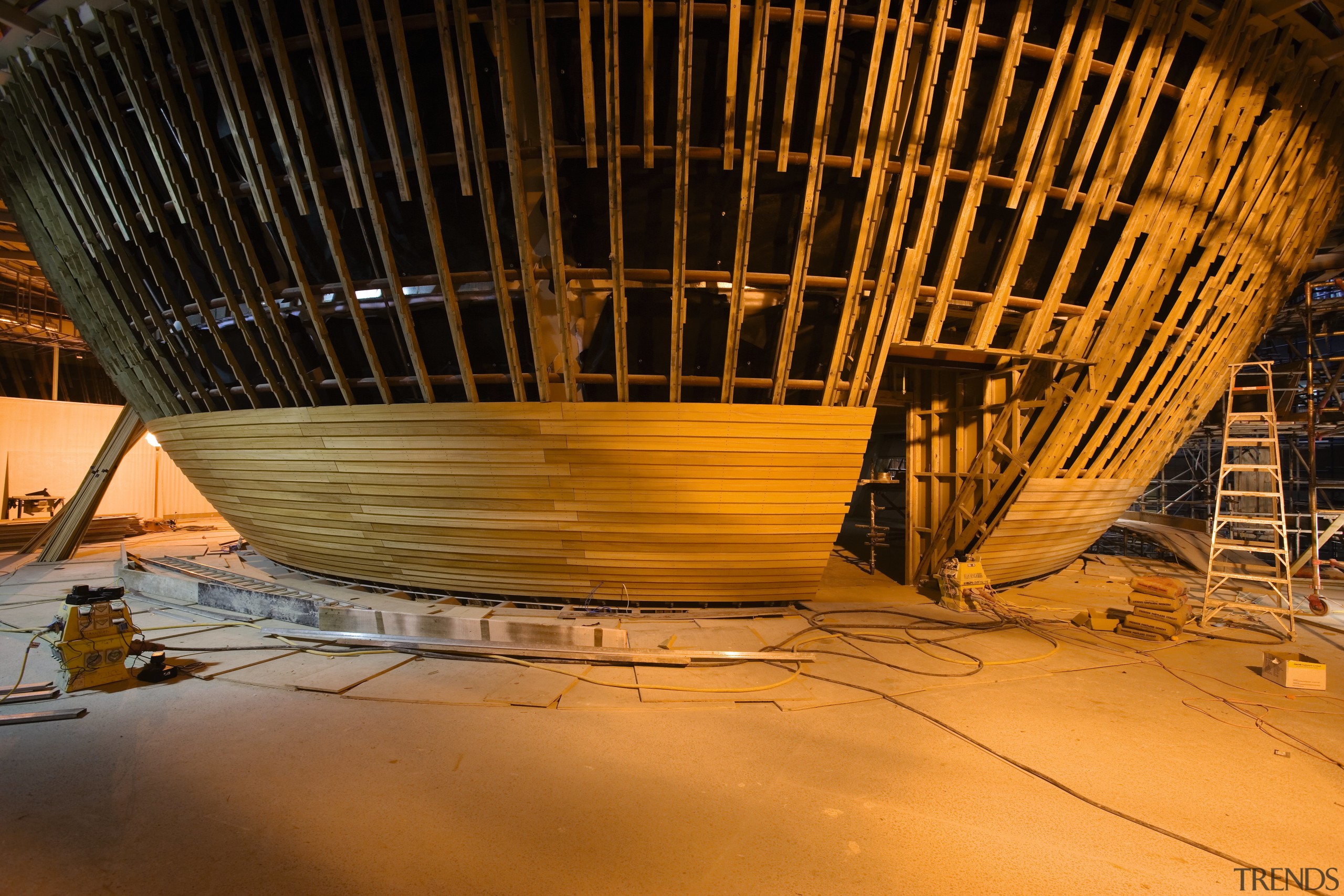 A view of the Firjian kauri clad bowl architecture, structure, tourist attraction, wood, brown, orange