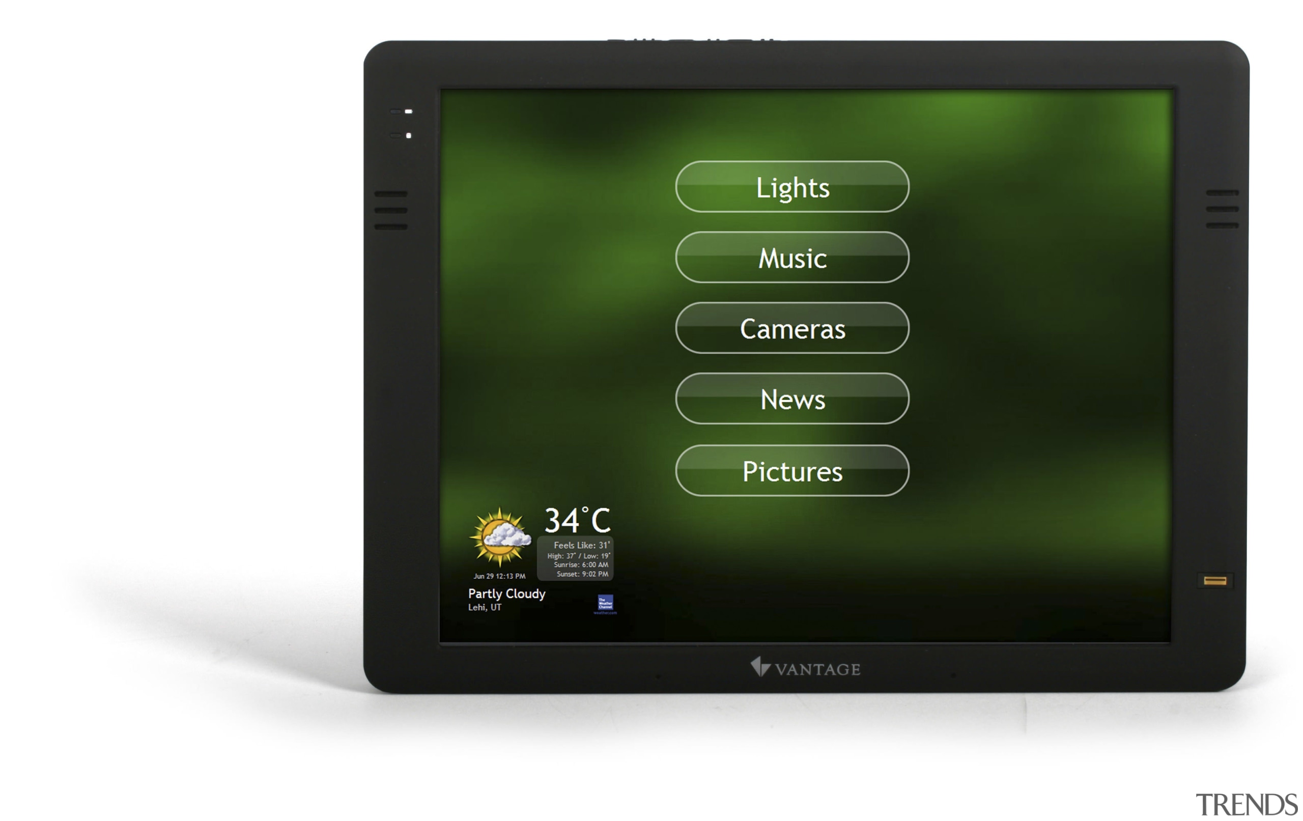Image of room automation and audio options by display device, electronic device, electronics, gadget, mobile device, multimedia, product, product design, screen, tablet computer, technology, white, green