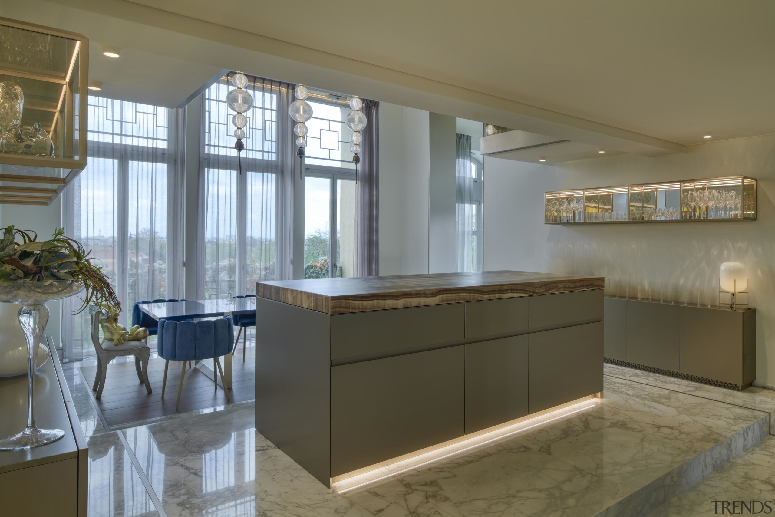 A Brown Onyx show kitchen is directly connected 