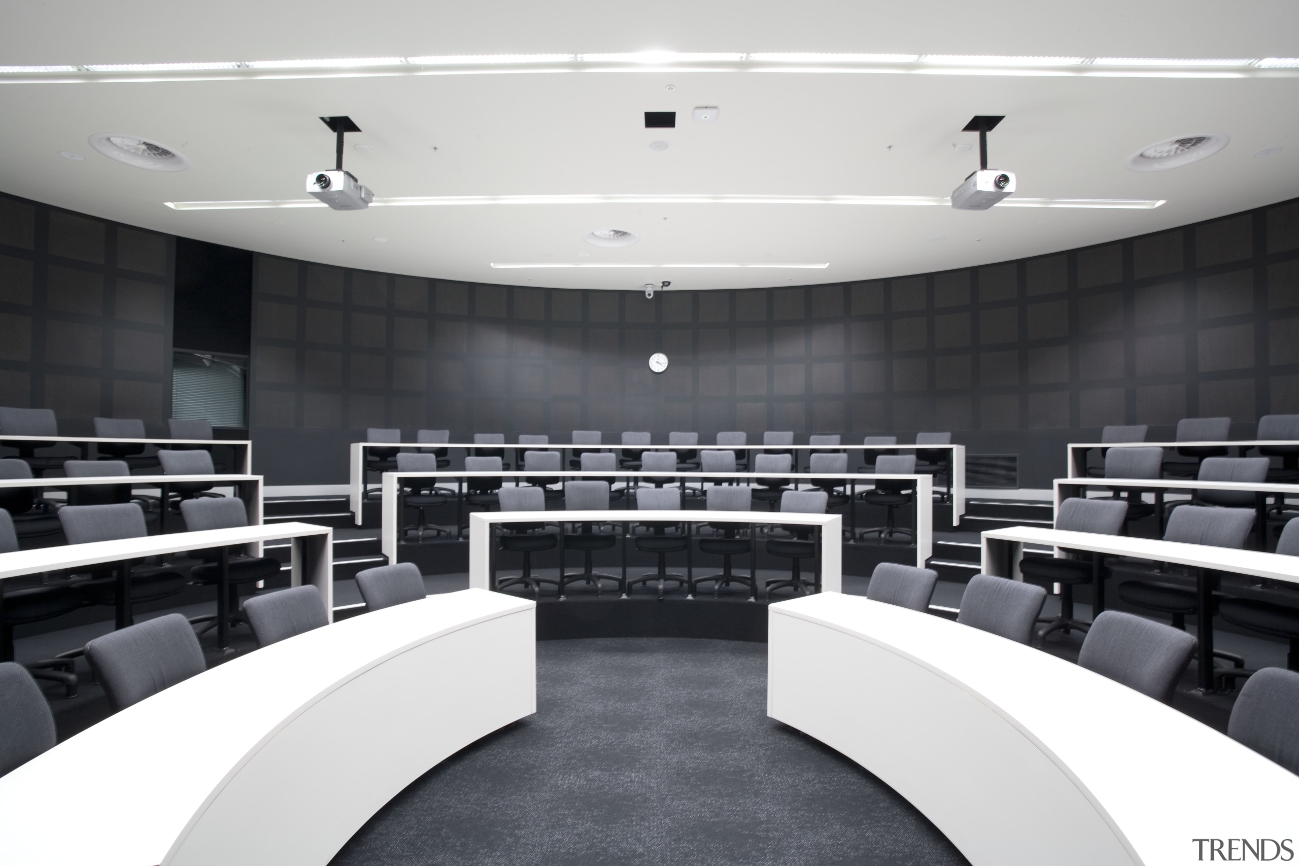 interior view of the Owen G Glenn Building auditorium, conference hall, interior design, product design, gray, black, white