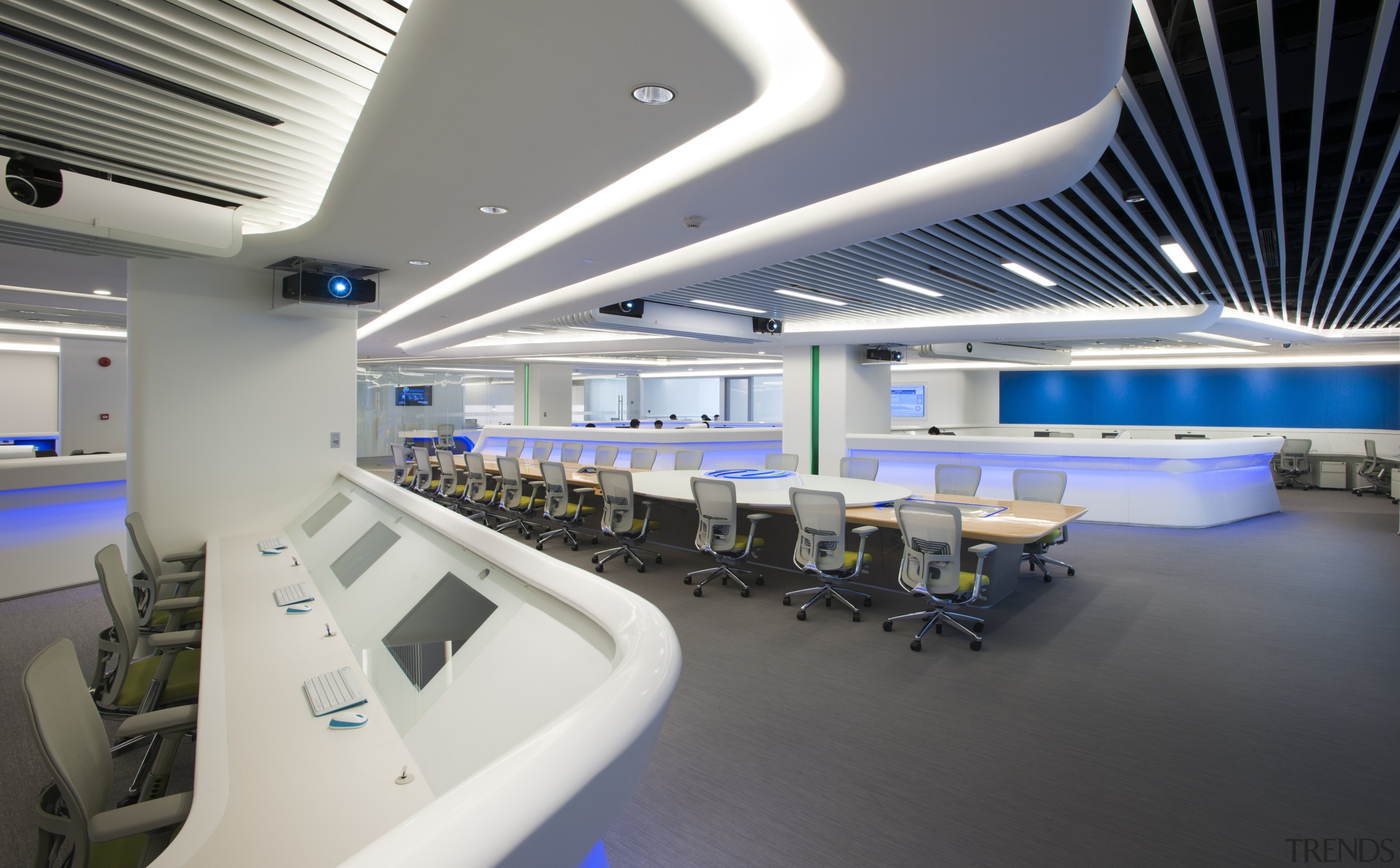 Symmetry defines the design of the new control ceiling, interior design, office, product design, gray