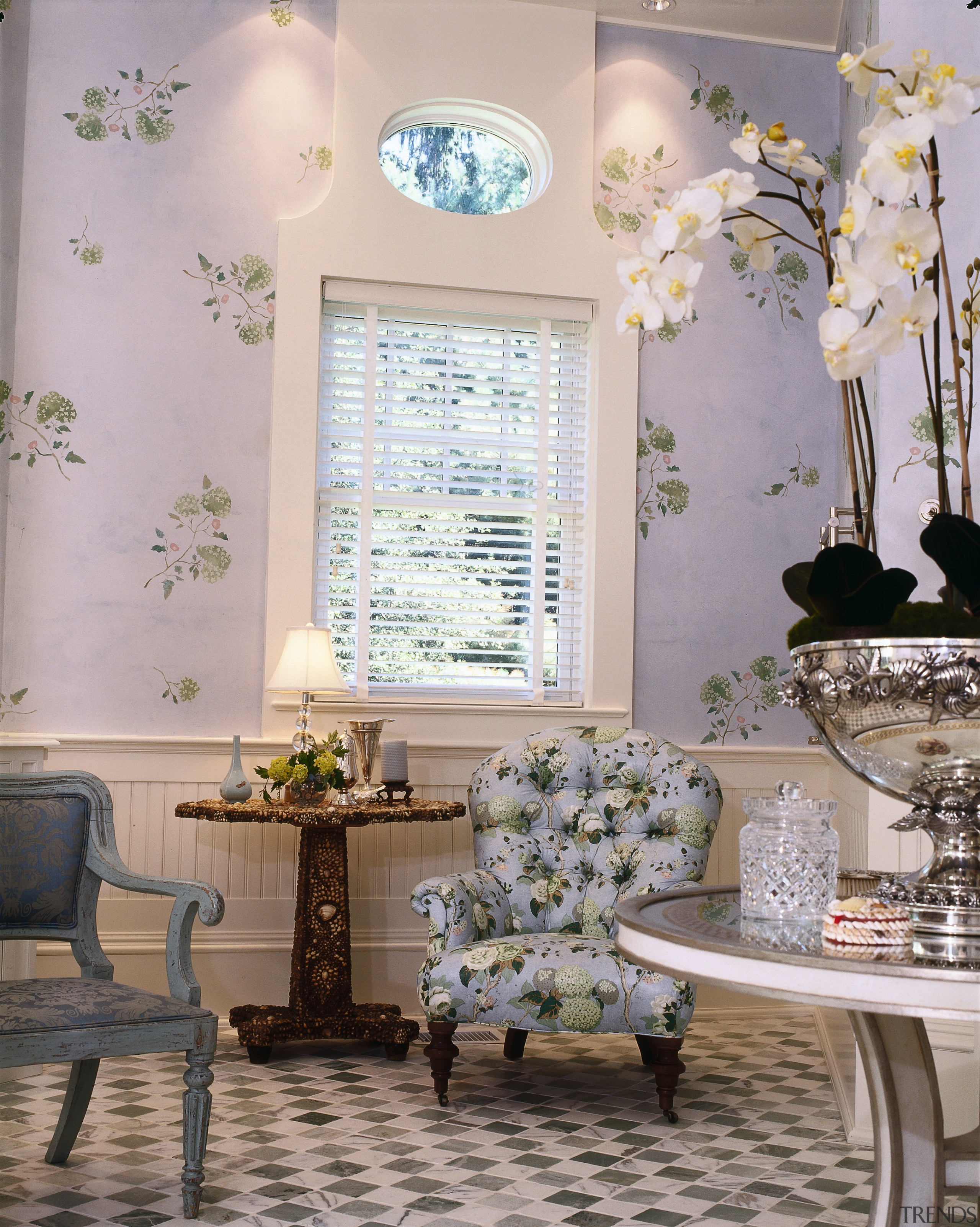 Interior view of a living room - Interior blue, dining room, floral design, floristry, flower, flower arranging, home, interior design, living room, room, table, wall, window, gray