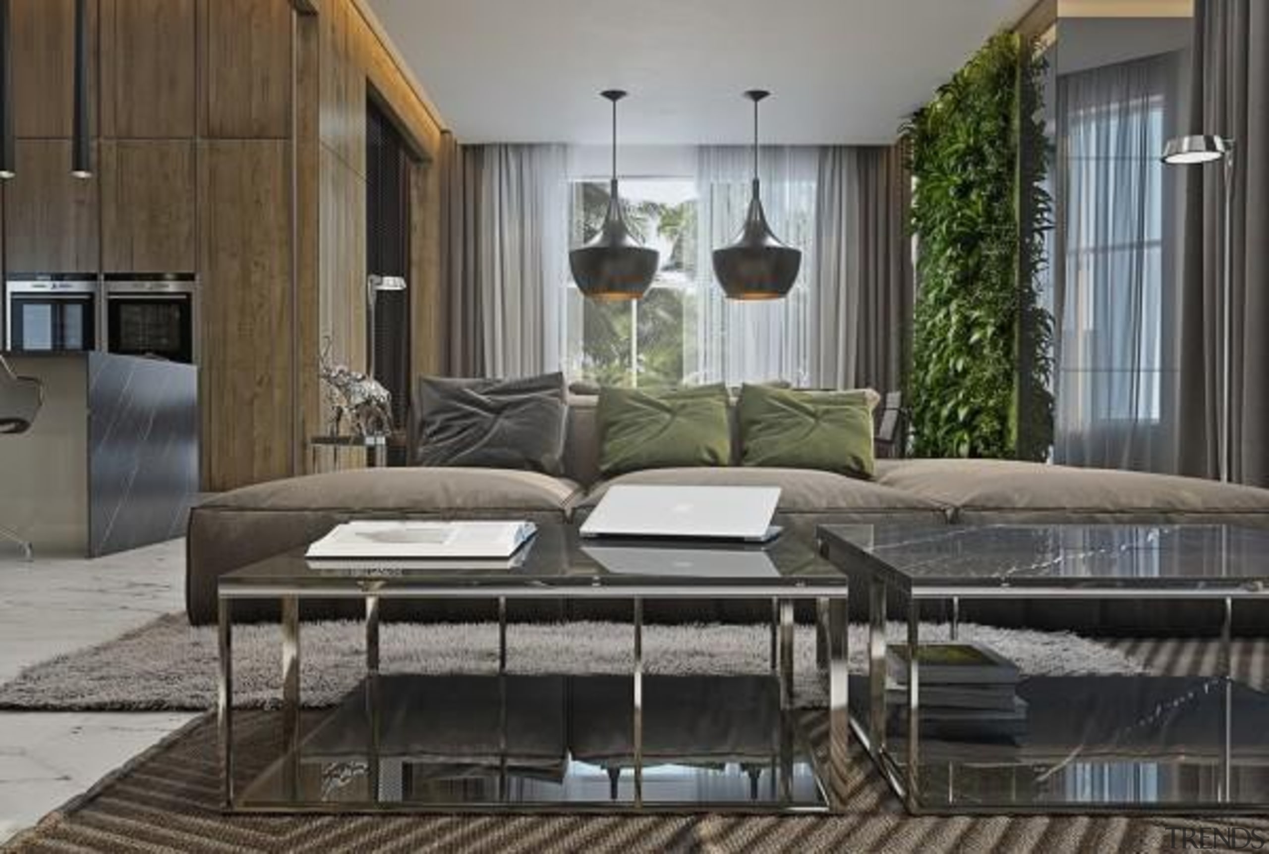 livingroom with "live wall" - Masculine Apartments - architecture, bed frame, furniture, interior design, living room, table, gray, black