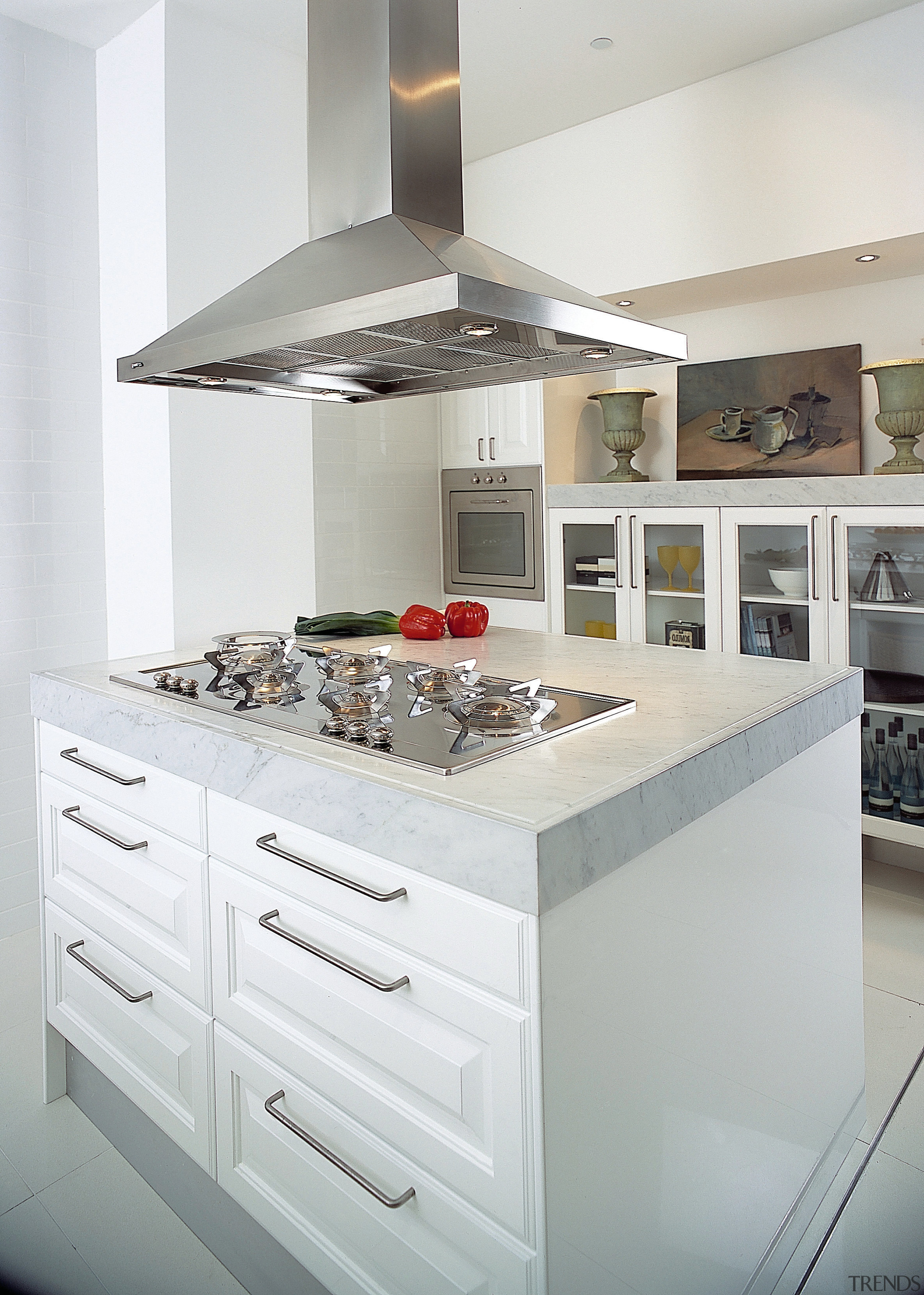 A view of a kitchen white tiled floor, cabinetry, countertop, cuisine classique, home appliance, interior design, kitchen, kitchen appliance, kitchen stove, white, gray