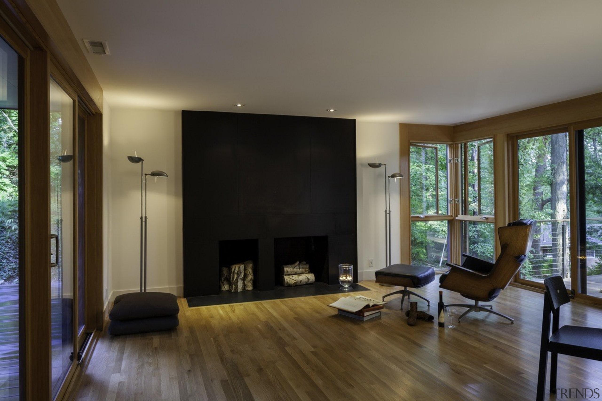 This combination fireplace/firewood storage area draws the eye architecture, ceiling, floor, flooring, hardwood, house, interior design, laminate flooring, living room, property, real estate, room, window, wood, wood flooring, brown, gray