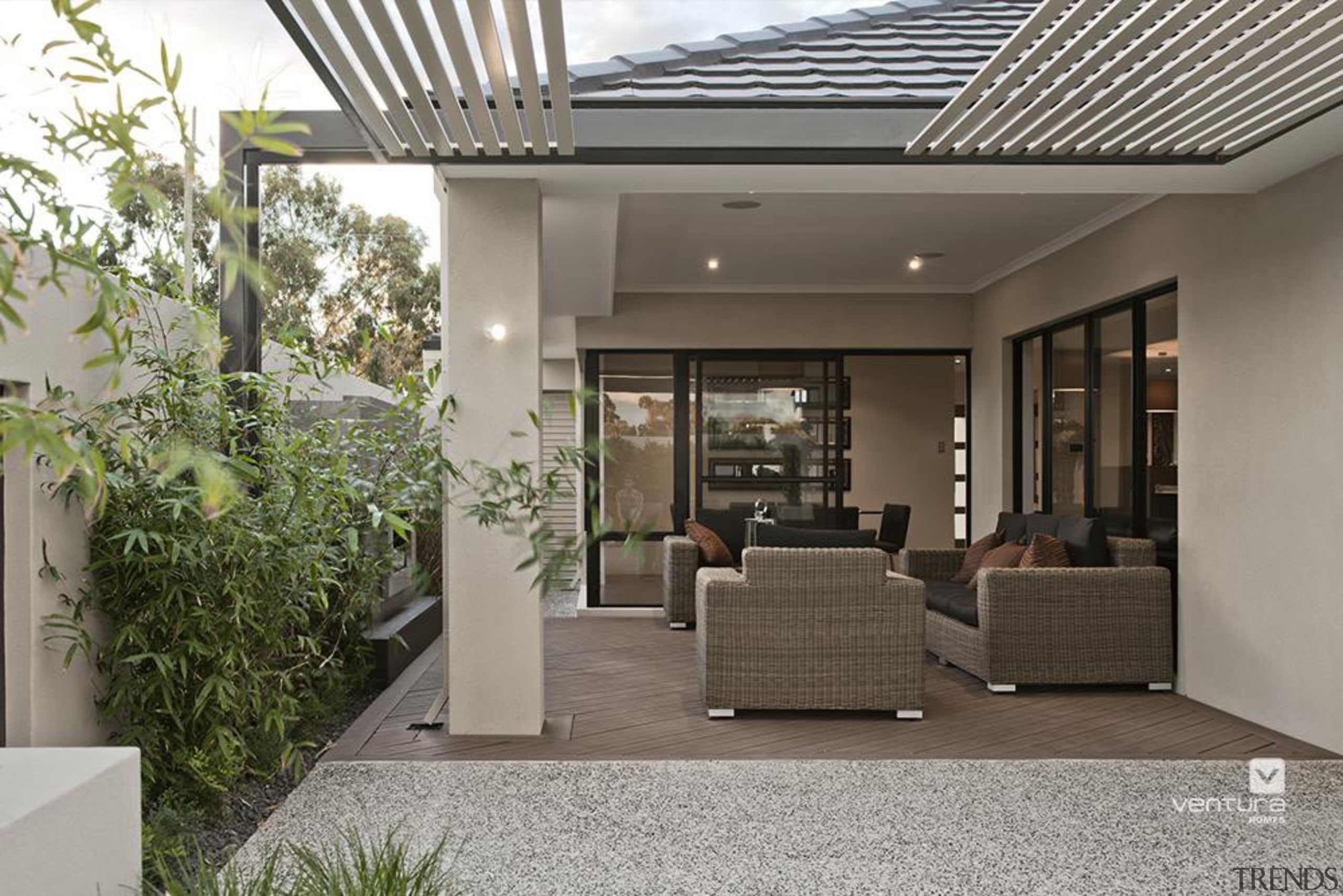 Alfresco design. - The Providence Display Home - courtyard, house, interior design, lobby, property, real estate, gray