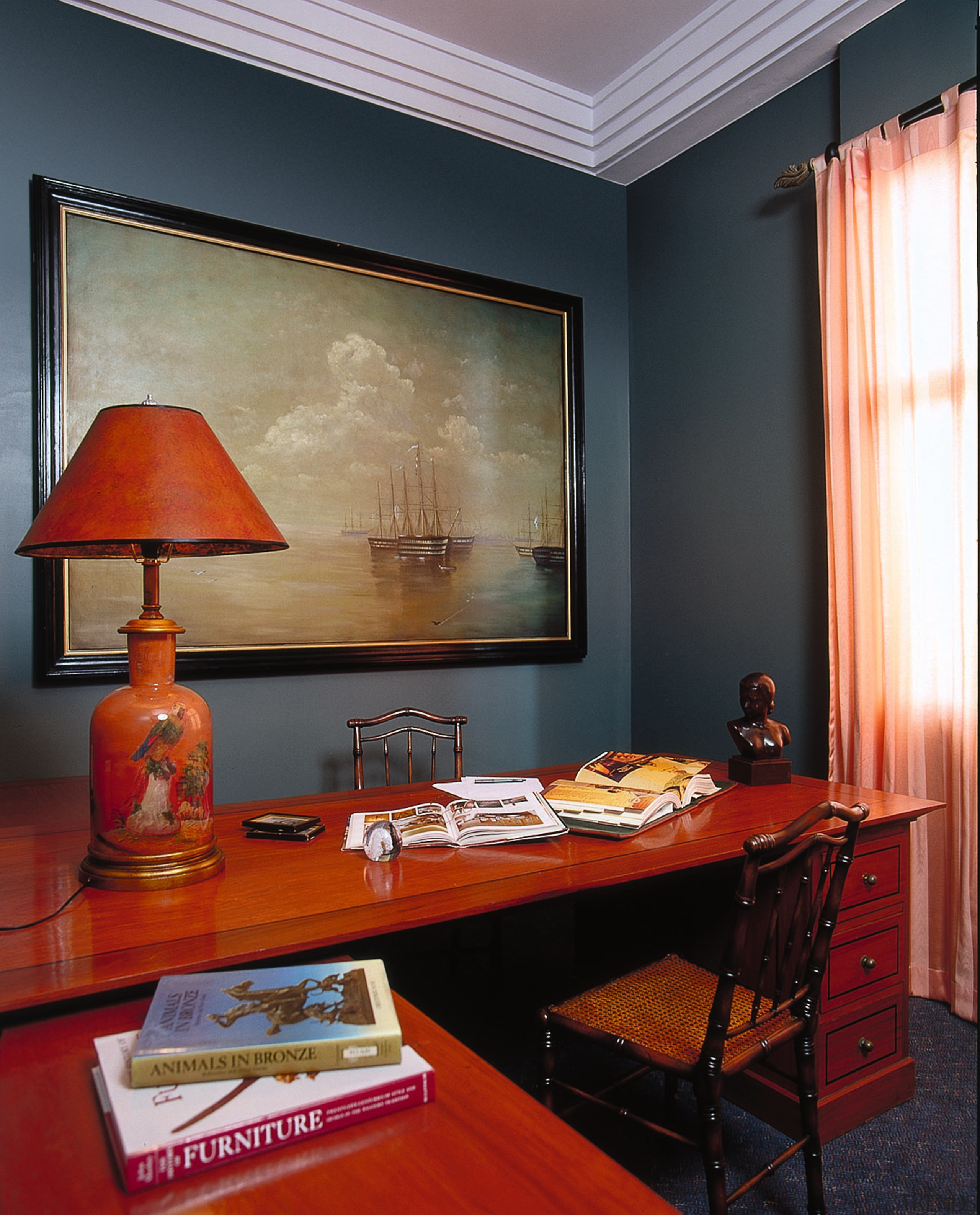 Inner view of the colourful study area - ceiling, dining room, furniture, home, interior design, living room, orange, room, table, wall, window, black