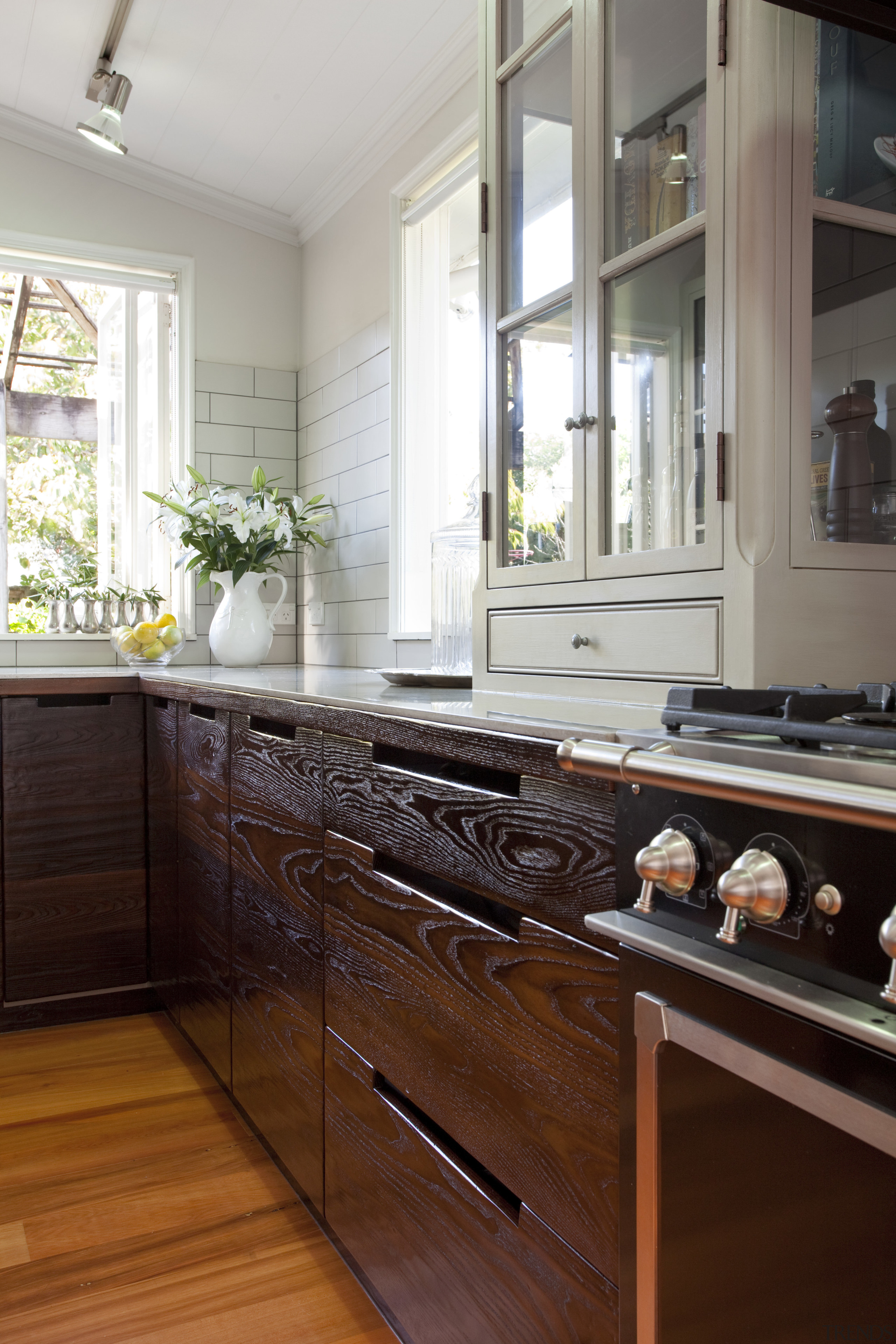 Dark cabinetry with recessed handles - torrefied ash cabinetry, countertop, cuisine classique, home, interior design, kitchen, room, window, wood