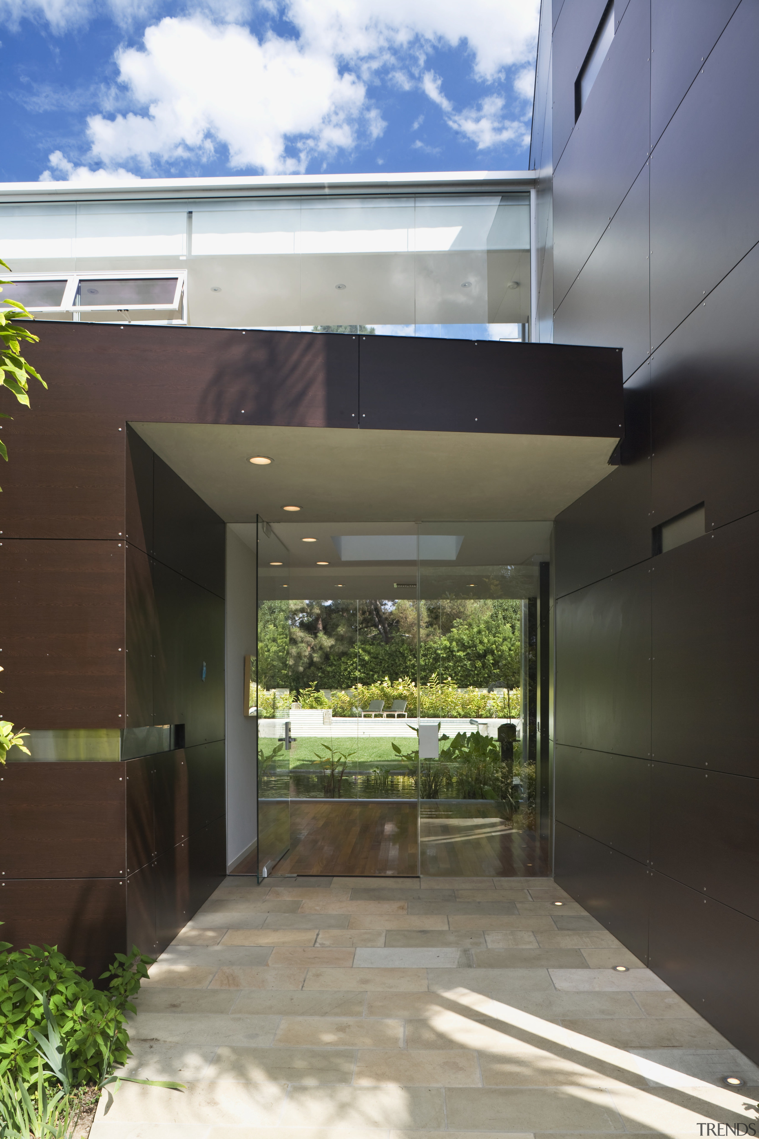 View of the entrance way where guests can architecture, daylighting, home, house, real estate, black