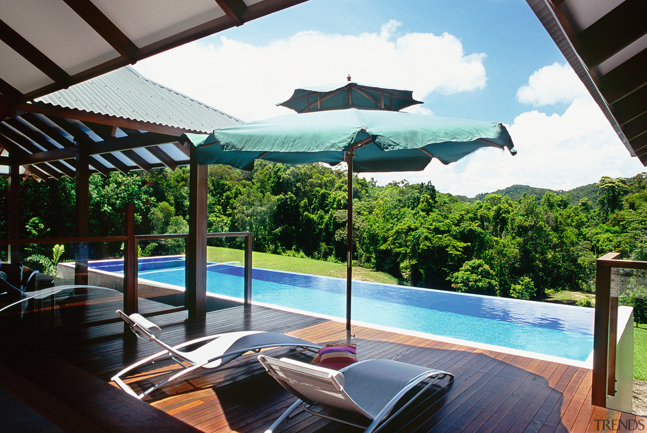 View from patio area to pool, lounger chairs, estate, leisure, property, real estate, resort, shade, swimming pool, umbrella, vacation, villa, black