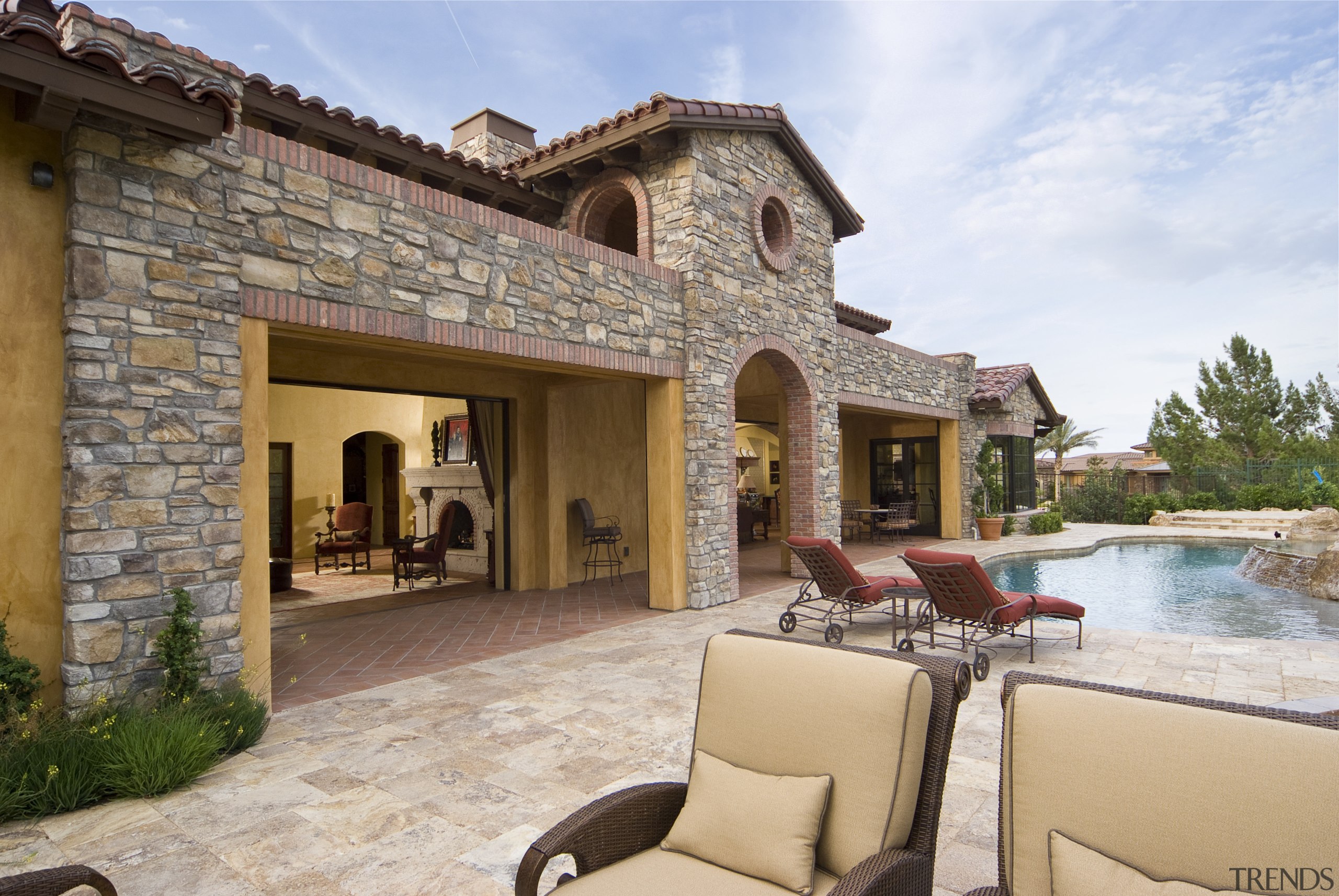 Exterior view of outdoor area with pool and estate, hacienda, home, property, real estate, villa, brown, gray