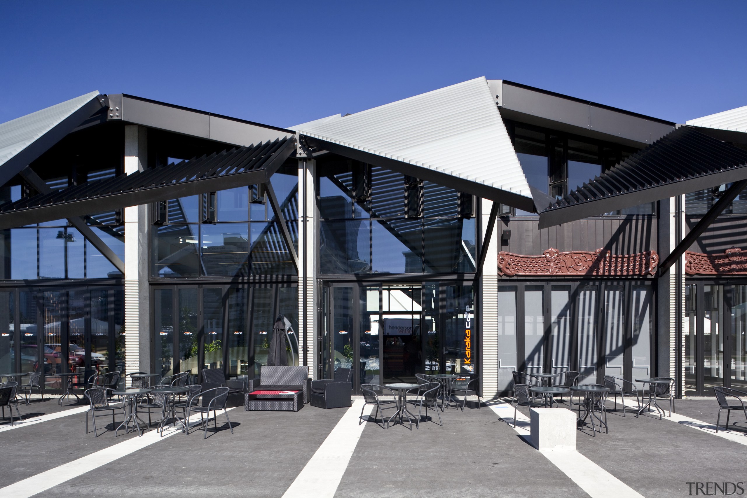 View of folded roof and canopy design at architecture, building, corporate headquarters, shed, structure, black, blue