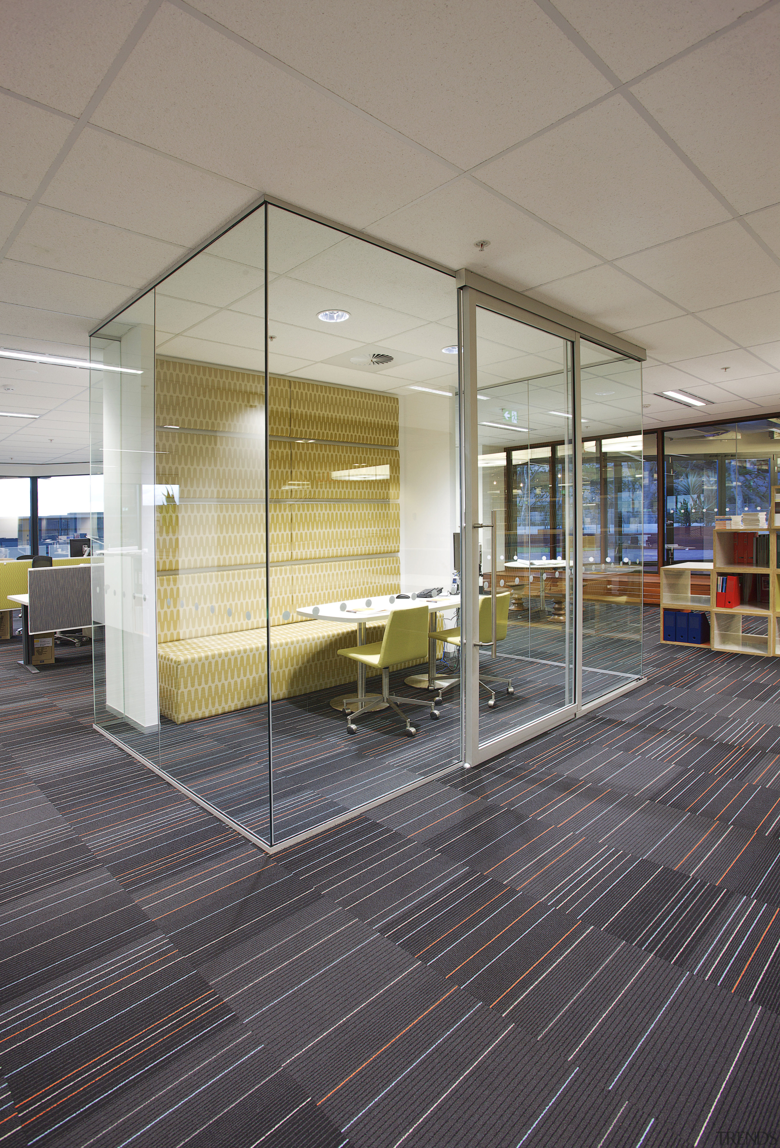 Glassed in office with wooden wall. - Glassed architecture, ceiling, daylighting, floor, flooring, glass, window, gray