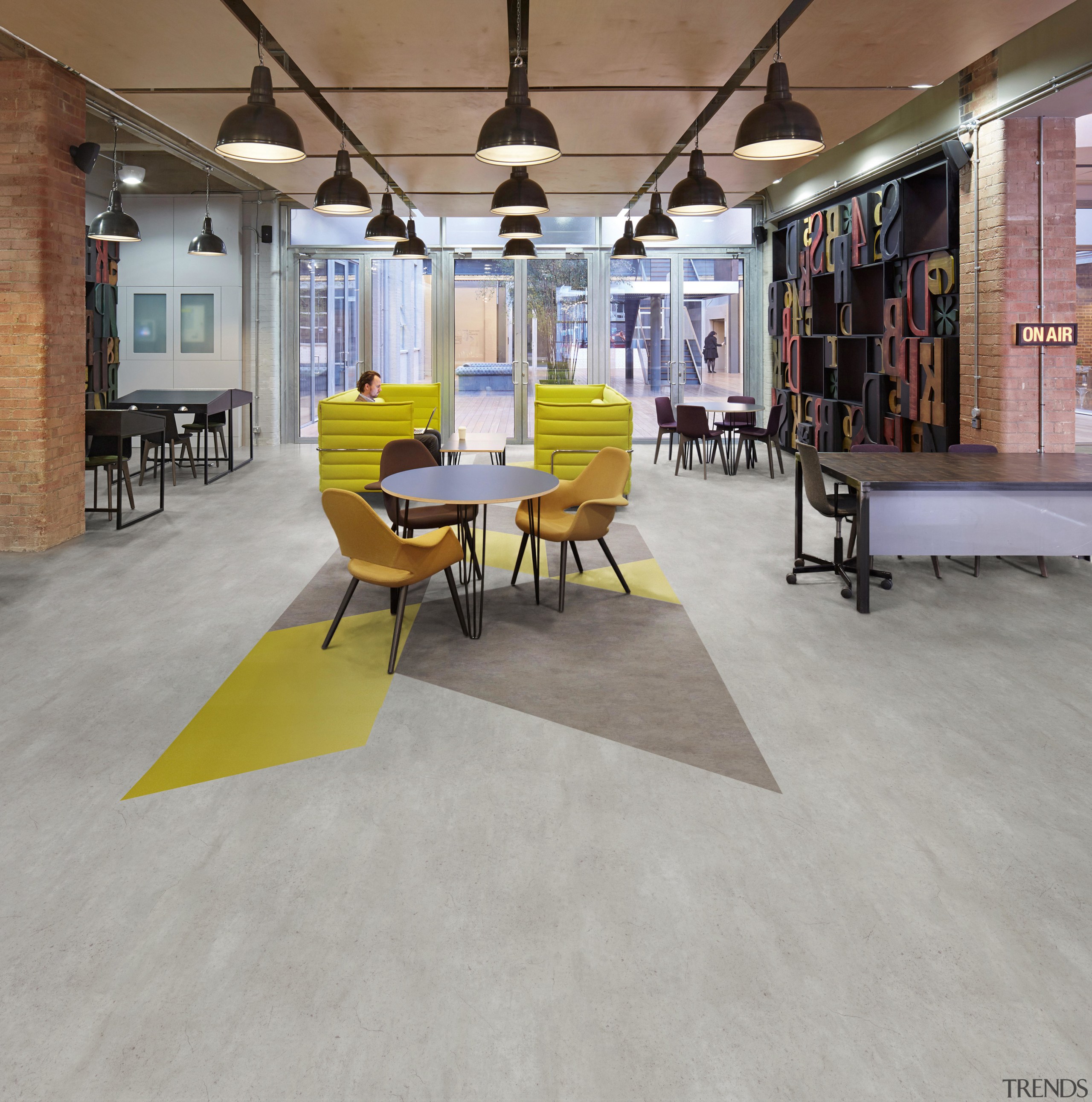 Offices are famously heavy-use spaces and Ployflor vinyl floor, flooring, furniture, hardwood, interior design, laminate flooring, loft, real estate, table, tile, wood flooring, gray