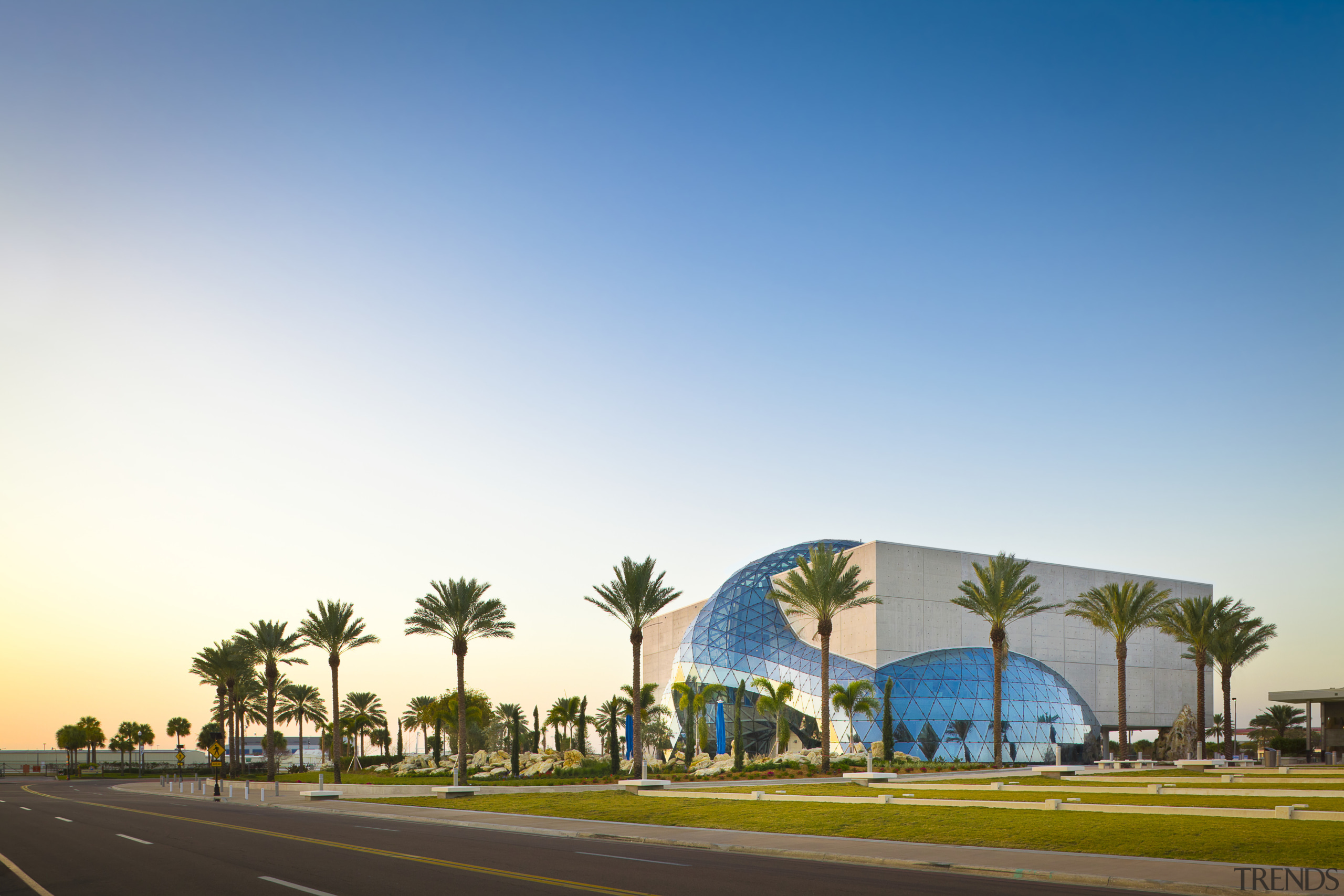 View of new art museum designed to house architecture, arecales, city, daytime, metropolitan area, palm tree, real estate, residential area, sky, tree, white, teal