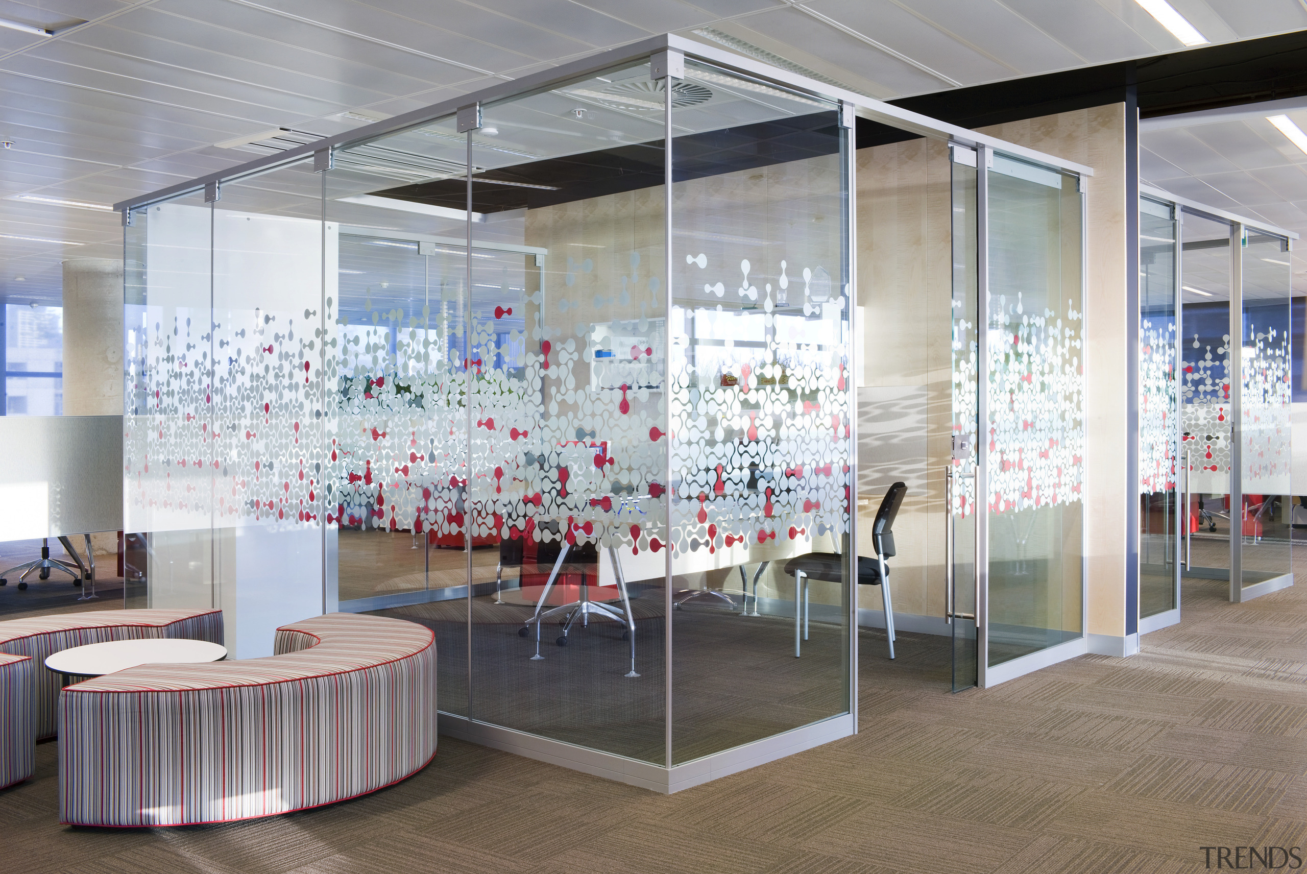 Interior view of Fujitsu offices which features glass ceiling, exhibition, glass, interior design, gray