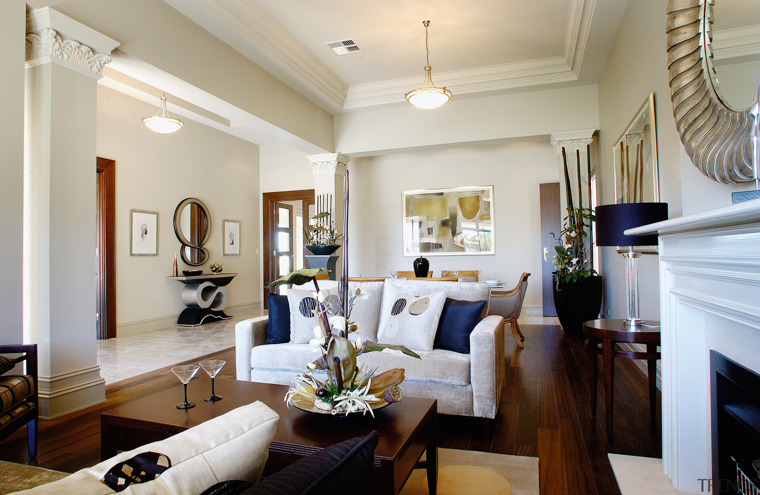 A view of the living area, wooden flooring, ceiling, home, interior design, living room, property, real estate, room, gray