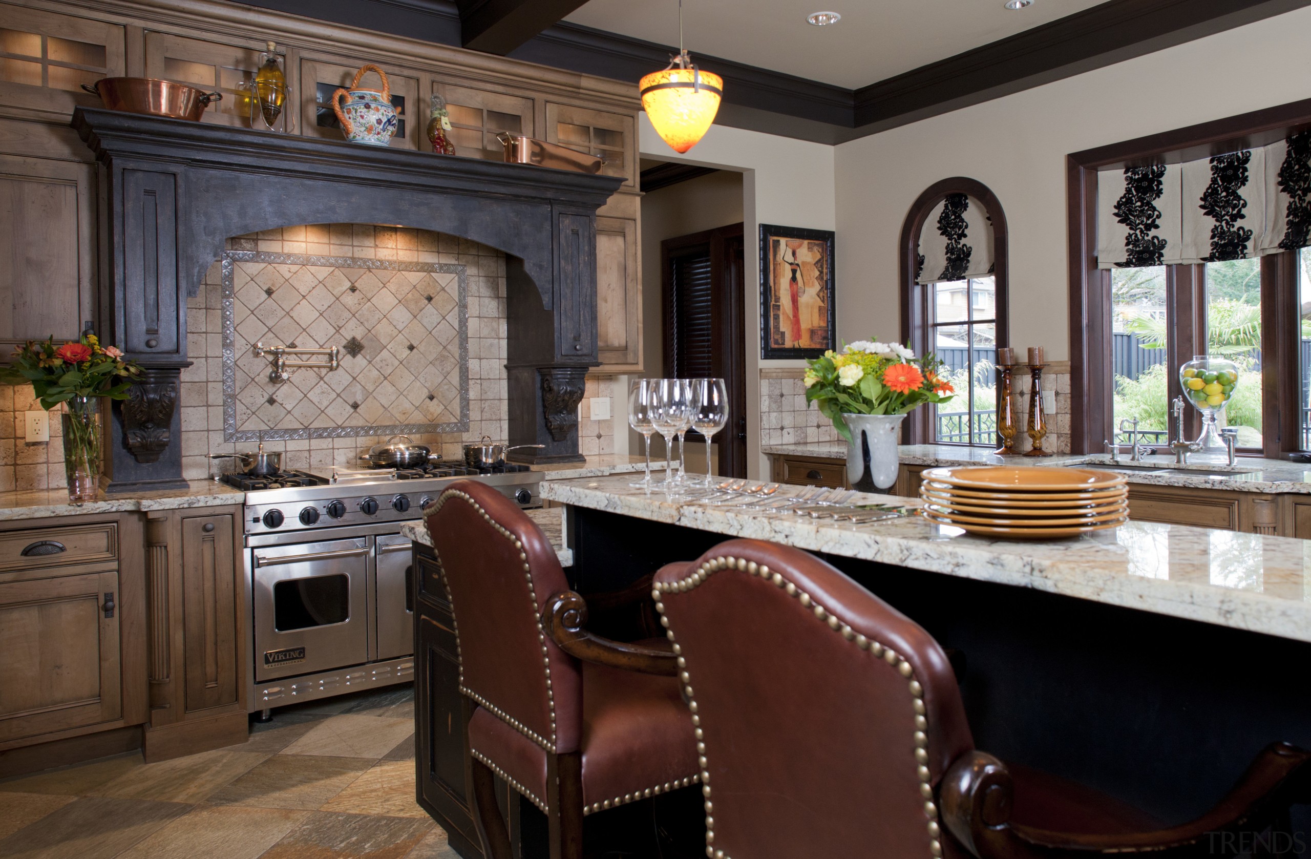 View of kitchen with aged look, featuring internally cabinetry, countertop, cuisine classique, dining room, home, interior design, kitchen, living room, room, red, gray