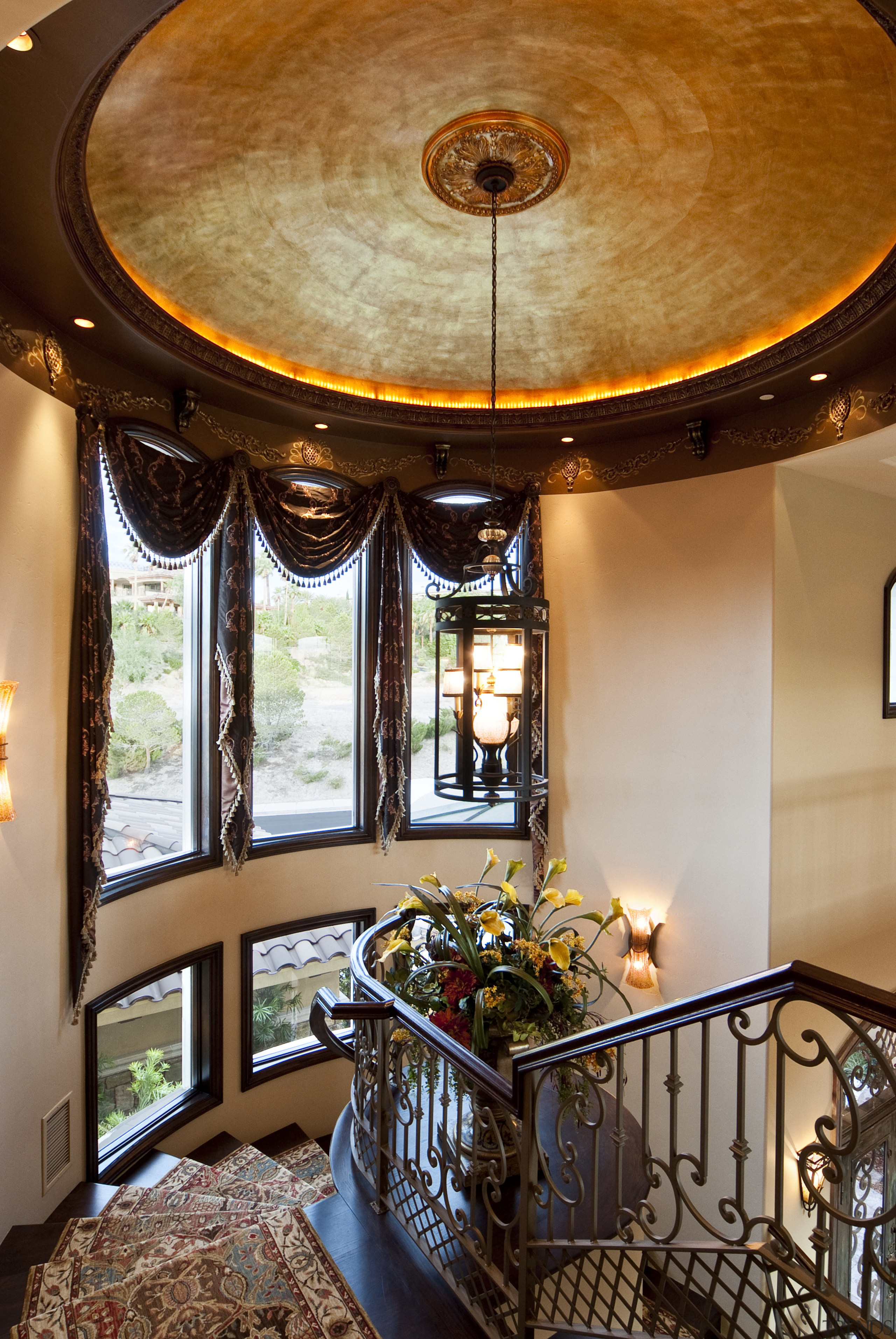 Stairwell ceiling feature of circular moulding and chandelier ceiling, dining room, estate, home, interior design, real estate, room, window, brown, orange