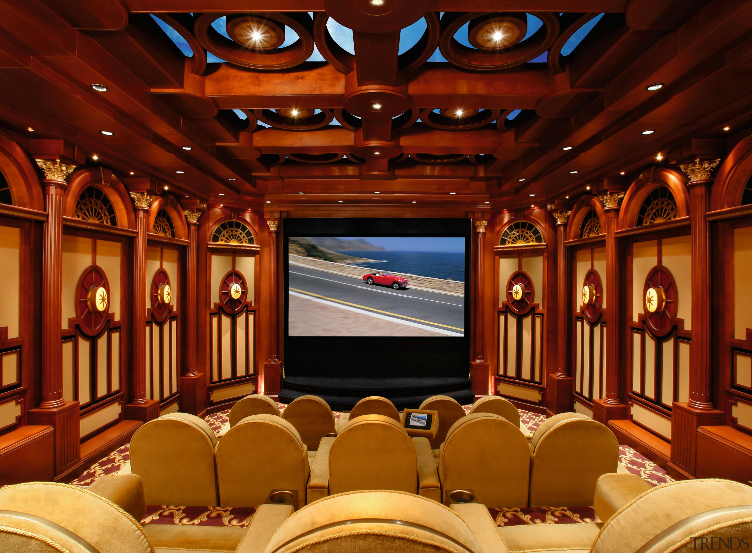 view of this home theatre with a 1930s auditorium, conference hall, function hall, interior design, theatre, red