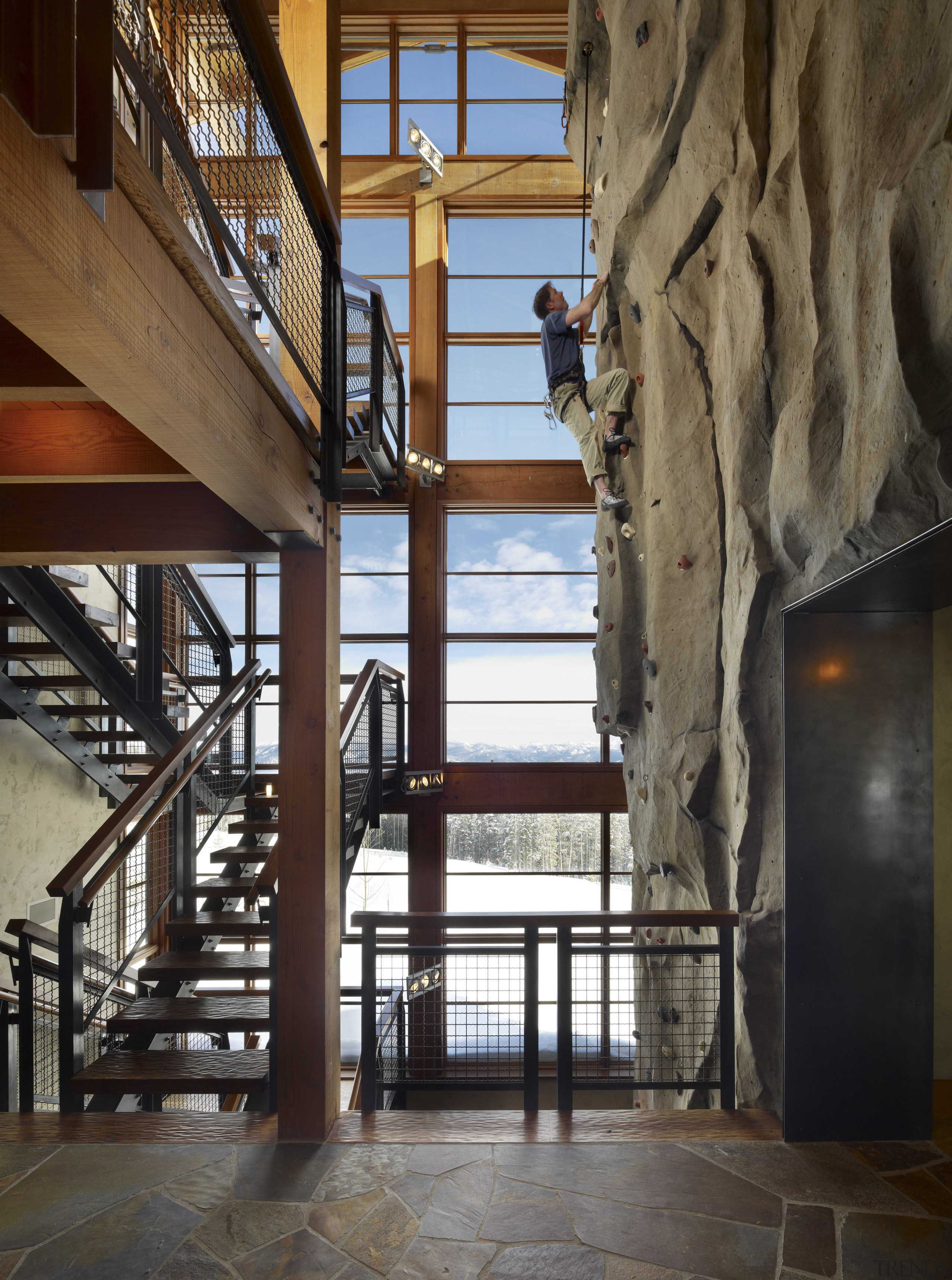 Going up? A climbing wall in this house architecture, beam, ceiling, home, interior design, lobby, stairs, structure, black, brown