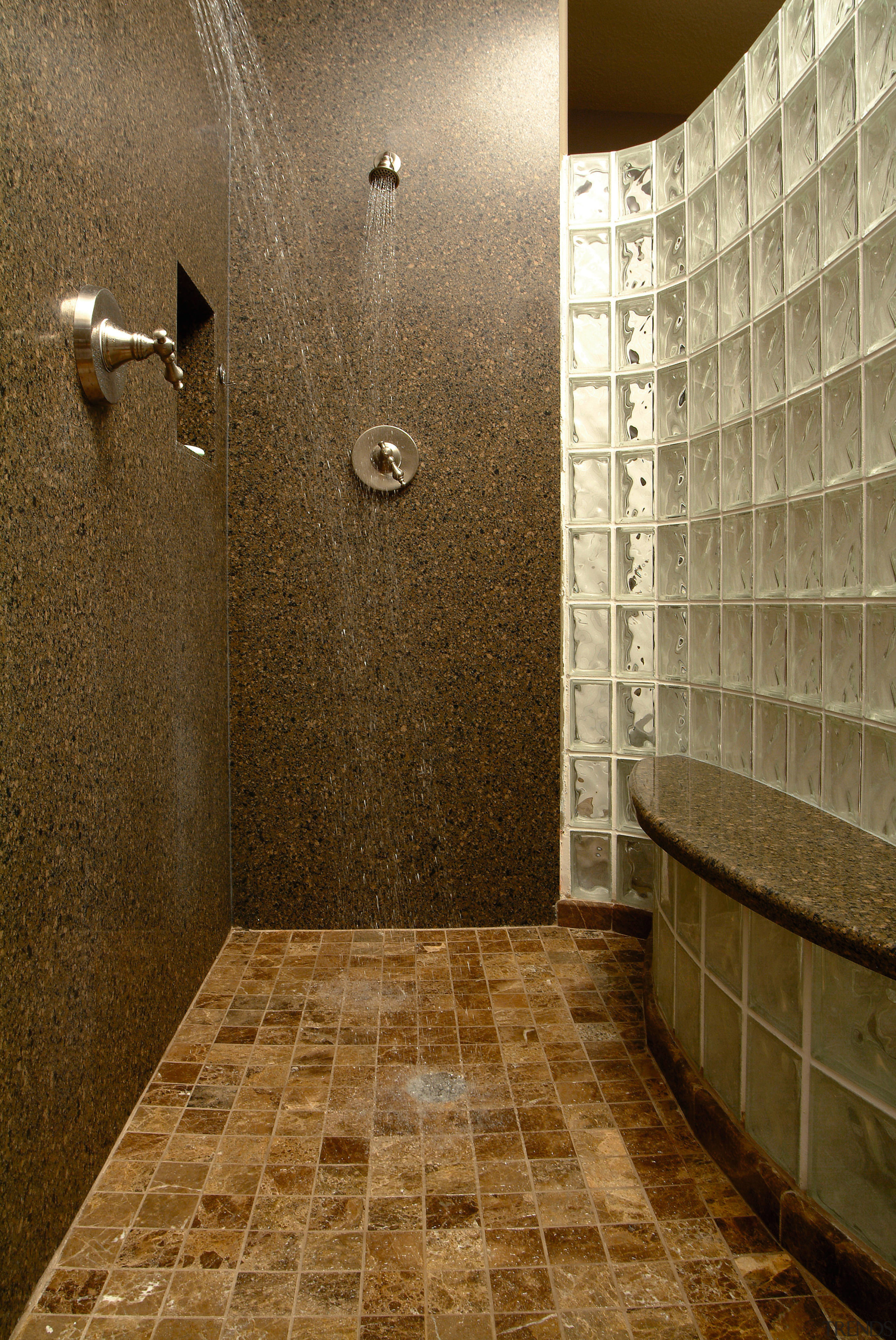 View of this shower - View of this bathroom, ceiling, floor, flooring, interior design, lighting, room, tile, wall, wood, brown
