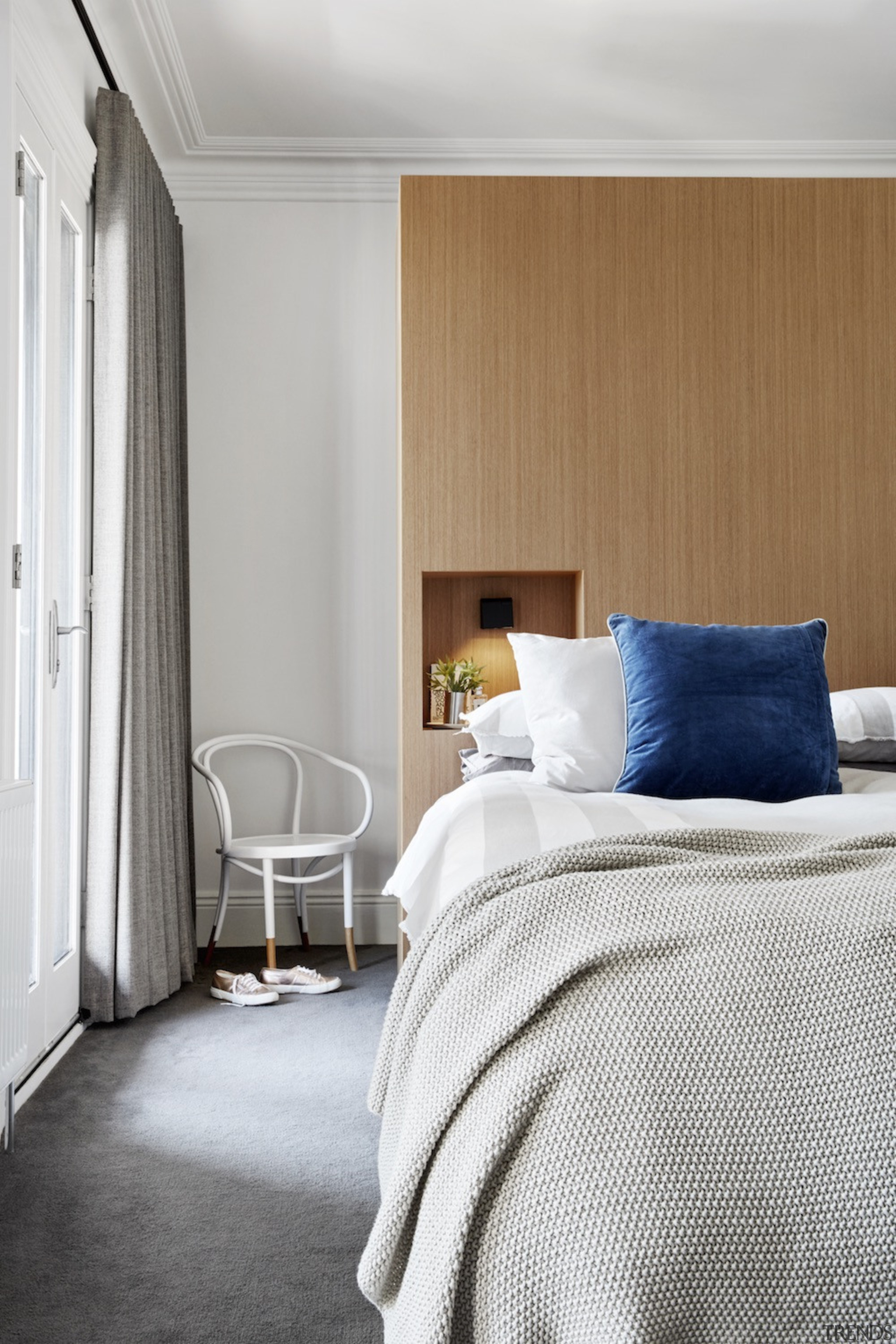 Bedroom in renovated terrace home by architects McMahon bed, bed frame, bedroom, floor, furniture, home, interior design, room, suite, textile, wall, window, window covering, window treatment, wood, gray