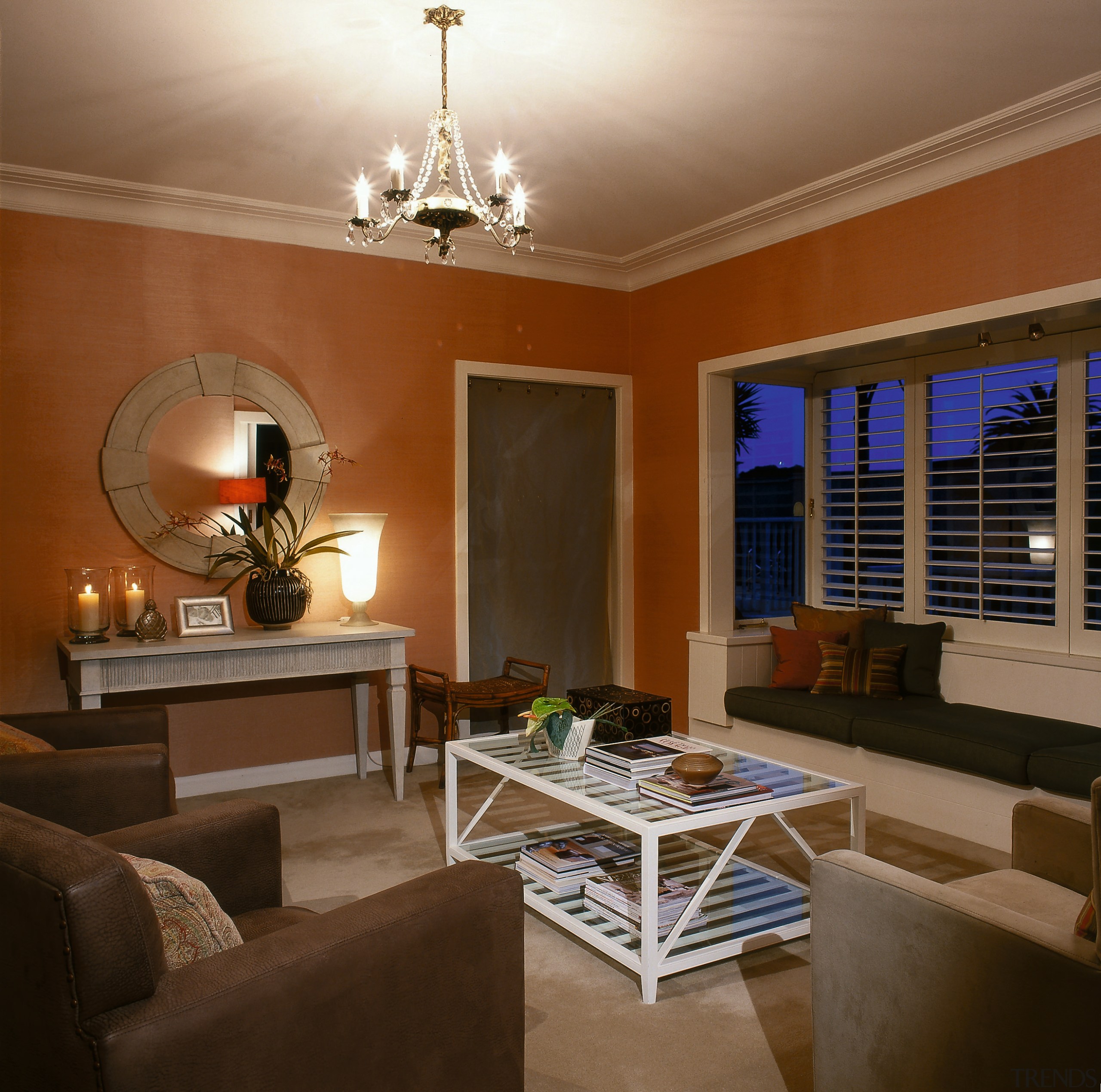 A view of the lounge area with a ceiling, dining room, home, interior design, lighting, living room, room, table, wall, window, brown