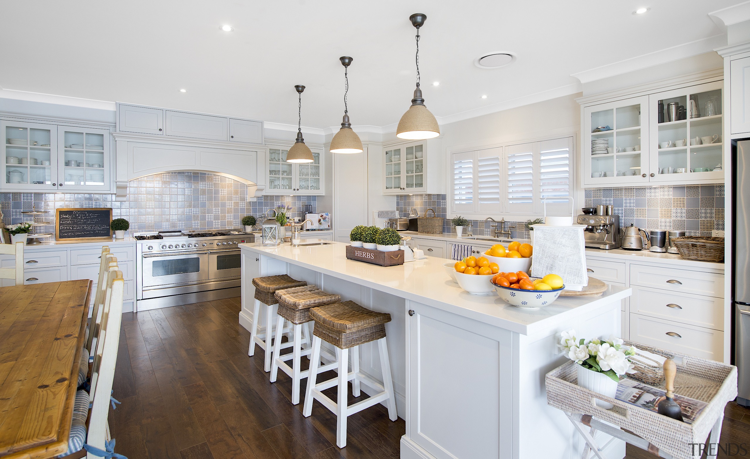 A classic kitchen with glass-panelled upper cabinetry was building, cabinetry, ceiling, countertop, cuisine classique, floor, flooring, furniture, hardwood, home, house, interior design, kitchen, property, real estate, room, table, white, wood flooring, yellow, white