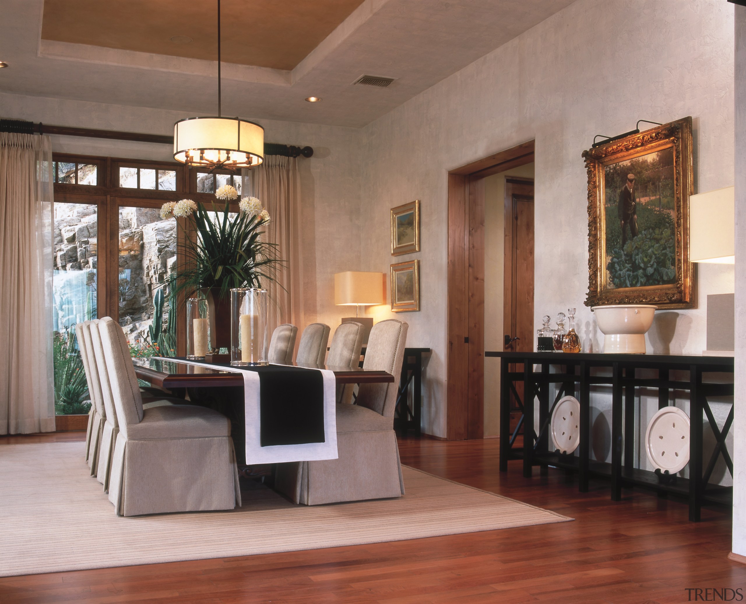 A view of the dining and kitchen areas ceiling, dining room, floor, flooring, furniture, hardwood, home, interior design, laminate flooring, living room, room, table, wall, wood, wood flooring, brown, gray